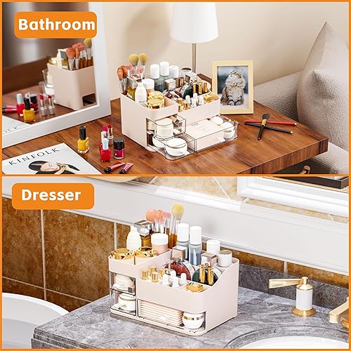 Miniatura 2 de Organizadores de maquillaje rosa para tocador con 3 cajones, organizadores grandes para el cuidado de la piel para encimera, escritorio, aparador,