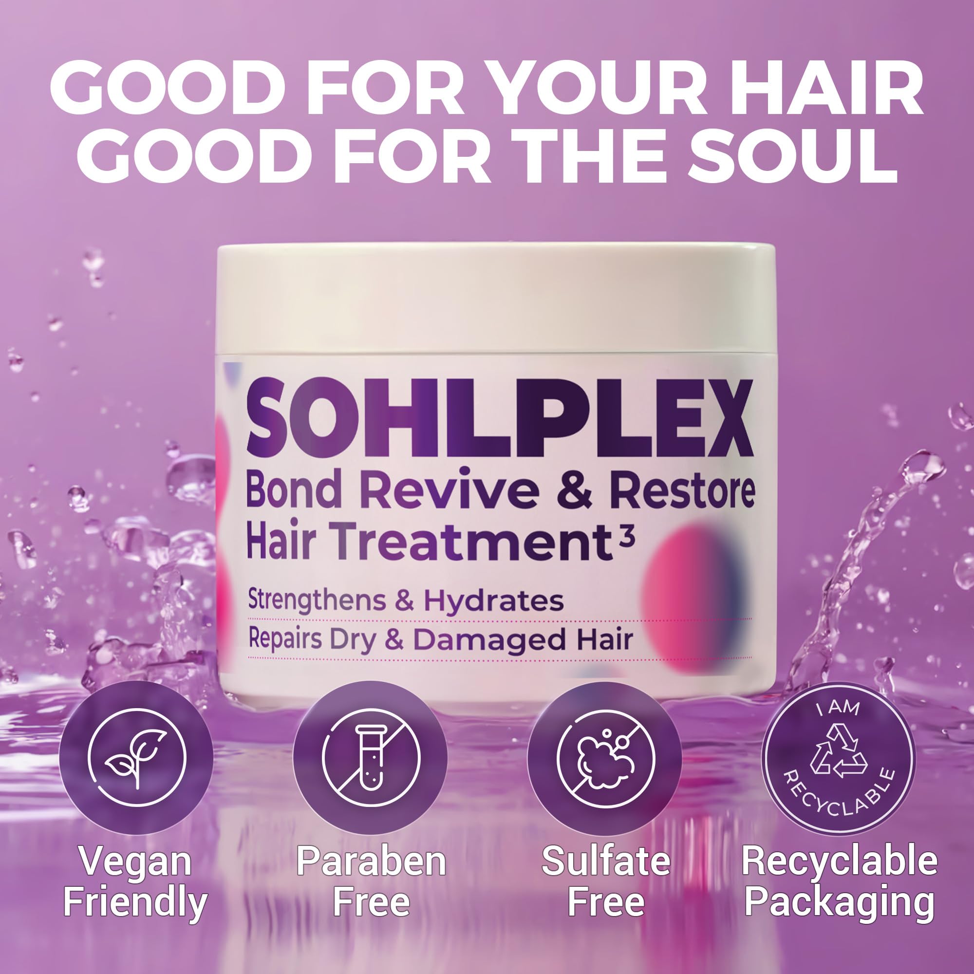 SOHLPLEX Bond Revive & Restore Tratamiento para cabello seco dañado, mascarilla acondicionadora profunda para hebras encrespadas y dañadas. Hidrata y fortalece. Vitaminas B3, B5, B7, C y E. Vegano y 7