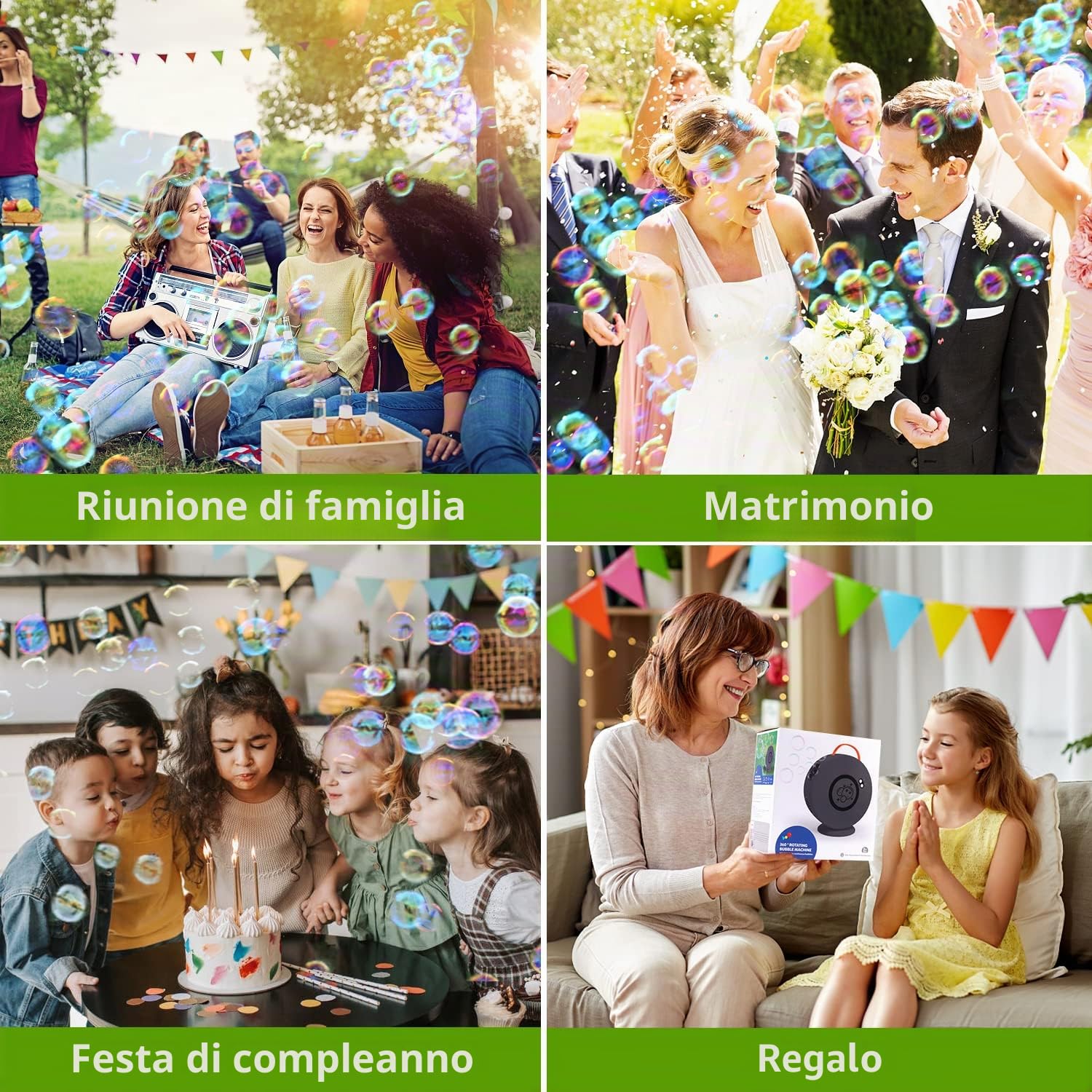 Macchina per Bolle Automatica con Rotazione 90° e 360°, 4000 Bolle al Minuto, per Bambini Unisex 3 Anni in Su, Compleanno e Matrimonio (Nero)
