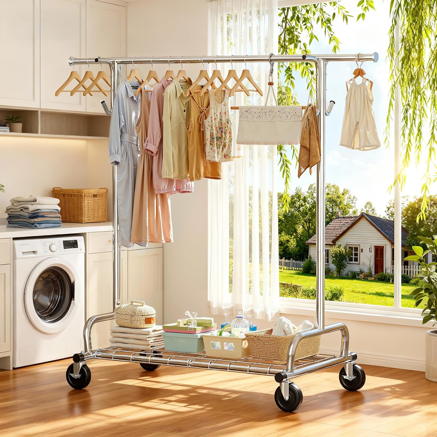 Raybee Heavy Duty Clothes Rack, 75''W Clothing Rack with 4 Hooks & Sturdy Wheels, 450 LBS Capacity, Rolling Garment Rack Holds 150 Clothes, for Bedroom/Laundry/Commercial Use, Silver