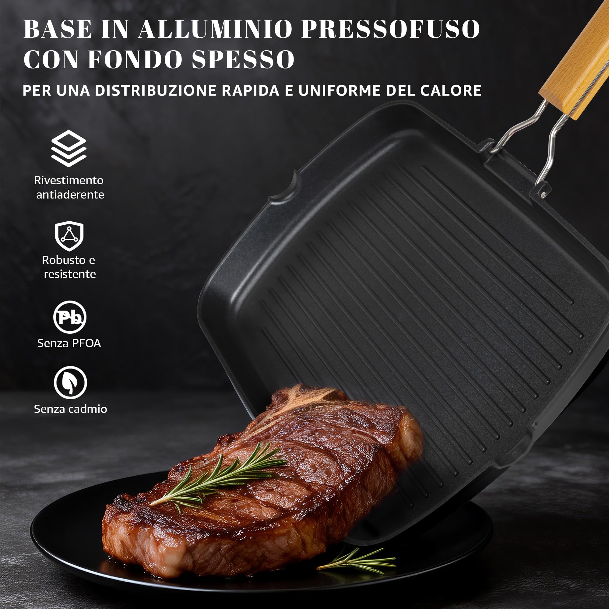Bistecchiera in Lega di Alluminio Antiaderente con Rivestimento Antiaderente 36x25x6 cm con Manico in Legno Pieghevole, Adatta a Gas, Induzione ed Elettrico