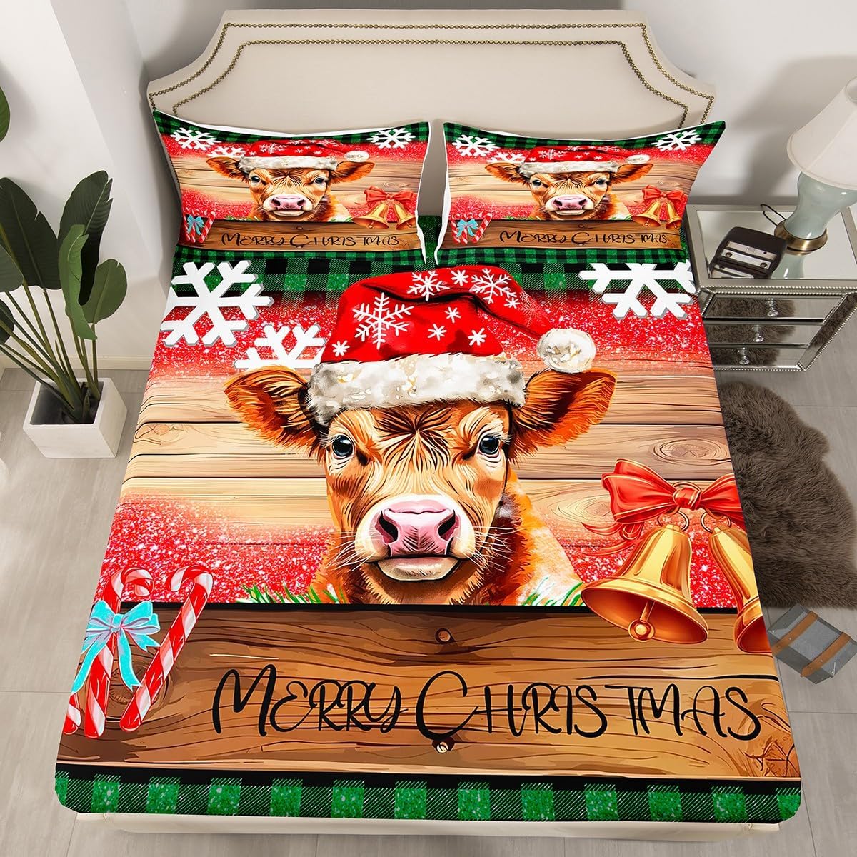 Manfei Christmas Cattle Bed Sheet Queen Set,Xmas Animal Snowflake Jingle Bell Bowknot Sheets Sets,Rustic Wooden Plank Green Plaids Patchwork Bedding Set with Flat,Fitted Sheet,2 Pillow Cases