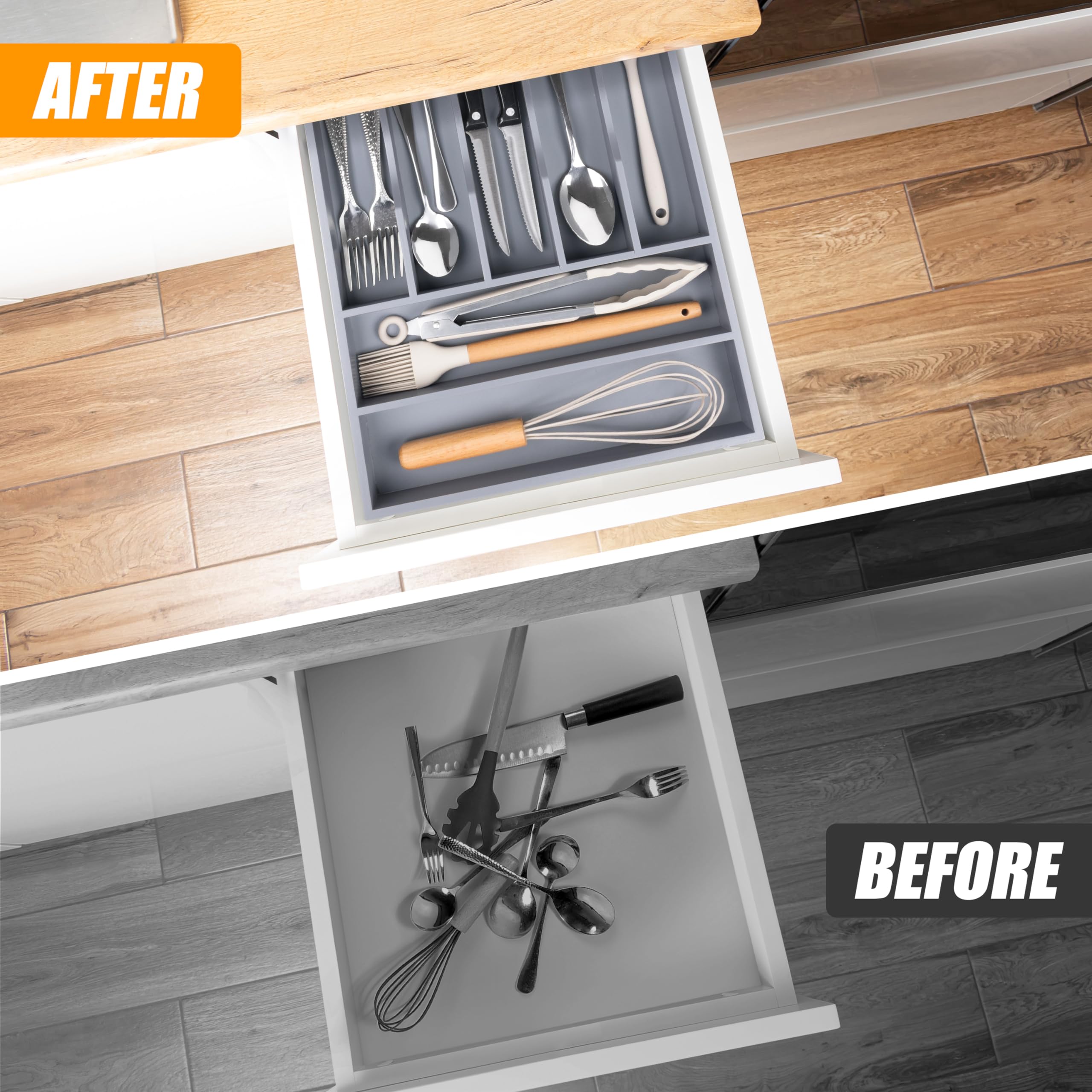 Bellsal Organizer per cassetti in bambù, portaposate con divisori scanalati, per posate, camera da letto, ufficio (7 scomparti, grigio)
