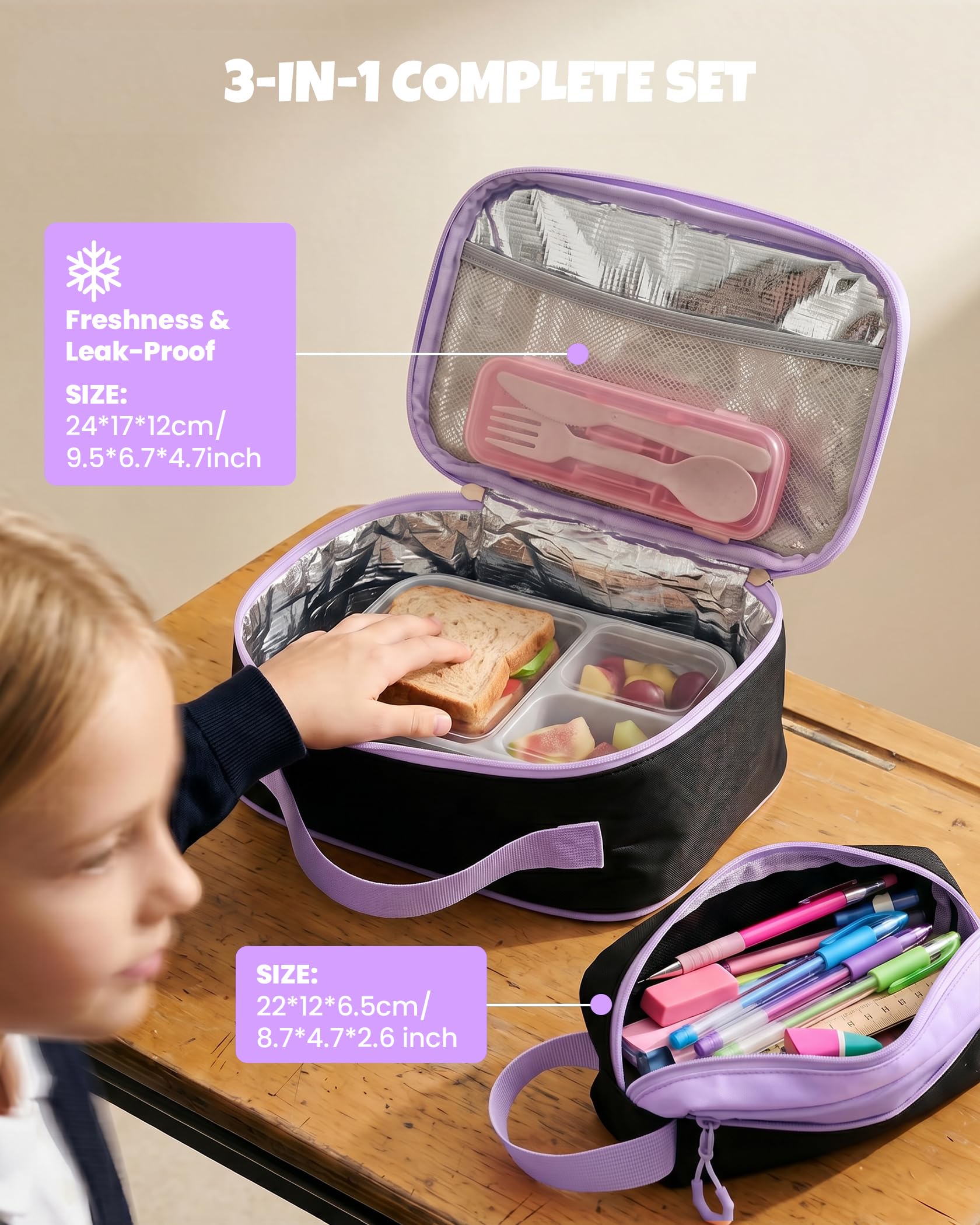 Amythe Schulrucksack Mädchen 3-teilig Kawaii 3.-7. Klasse mit Lunch Tasche Federmäppchen Anti-Diebstahl-Tasche 24L Lila Schwarz