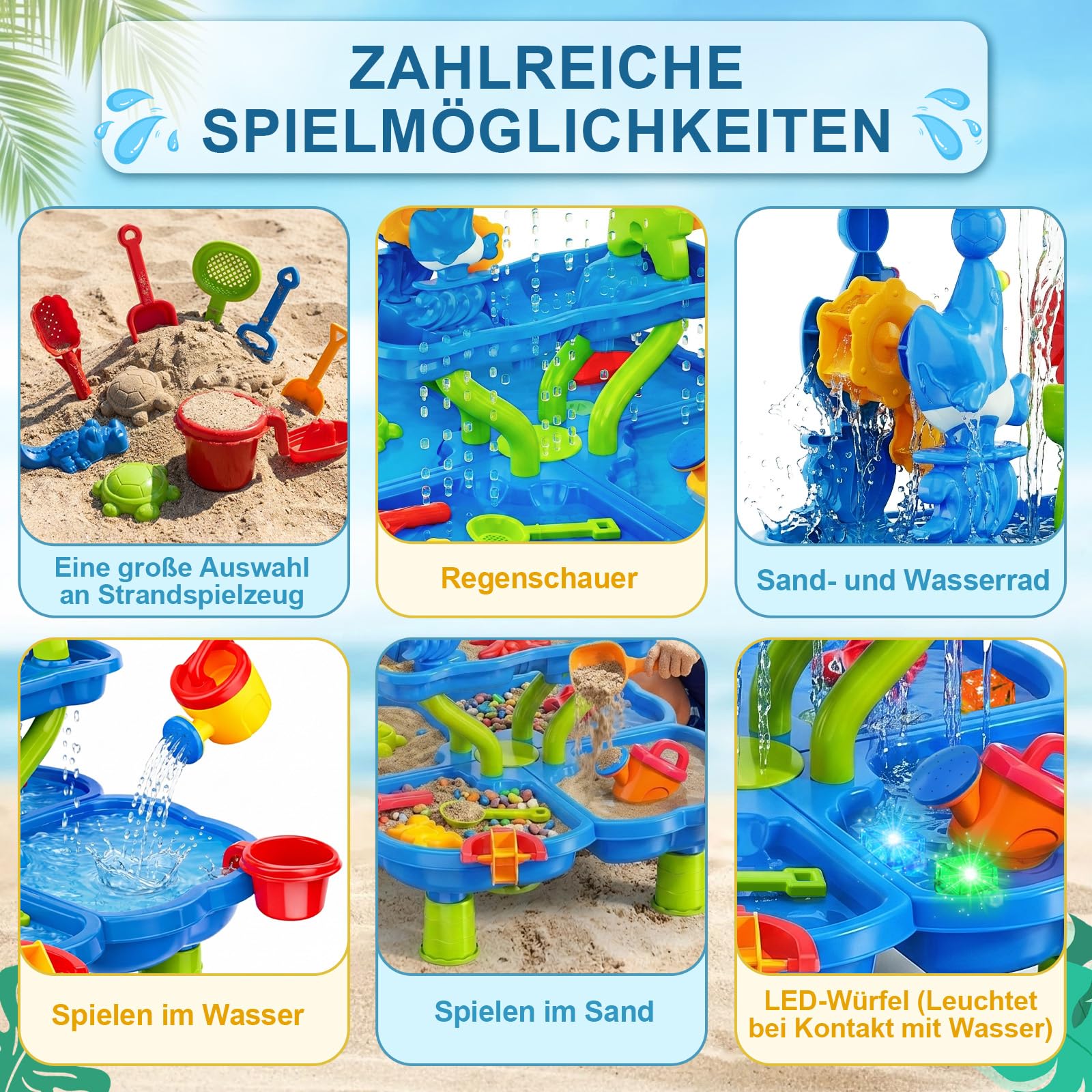 Wasserspieltisch Kinder, 4-stufiger Sand- und Wasserspieltisch mit Sandkasten-Zubehör, Großer Wassertisch für Garten, Strand und Sommer, Wasserspielzeug für Kinder ab 3 Jahren
