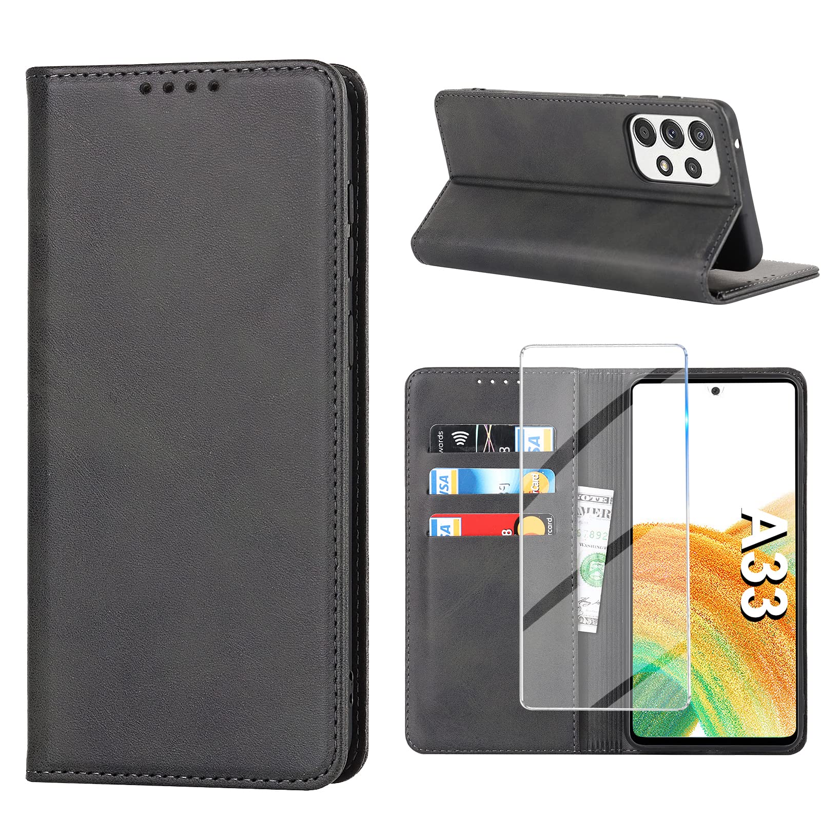 Handyhülle für Samsung Galaxy A33 5G Hülle mit Panzerglas Schutzfolie, Schutzhülle A33 5G Leder Wallet Kartenfach Standfunktion Stoßfest Klapphülle Hüllen Galaxy A33 5G Case Cover Klappbar (Schwarz)