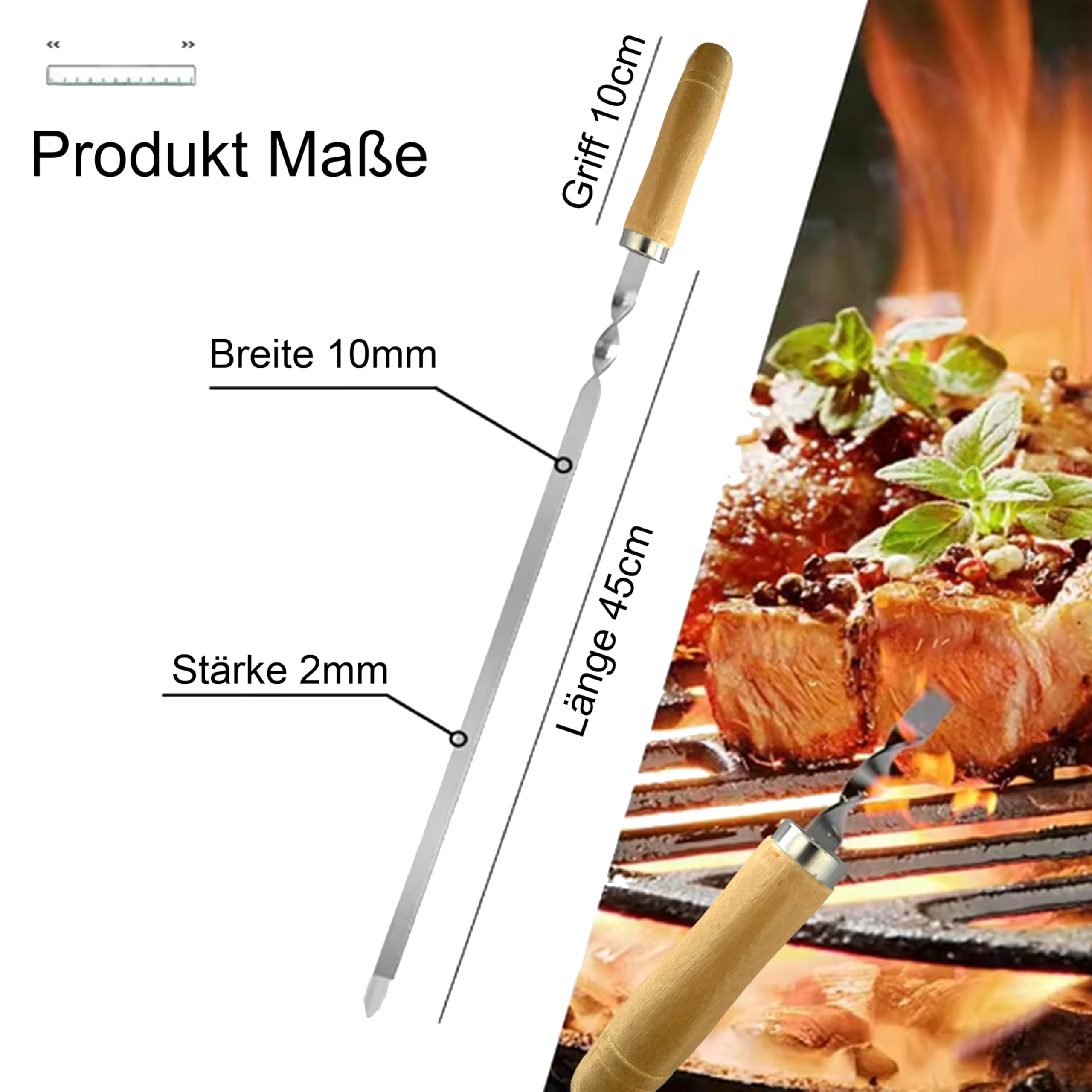 Set di 7 spiedi premium in acciaio inox per barbecue - Spiedi piatti da 2 mm, lunghi 55 cm e larghi 10 mm, resistenti alla ruggine e riutilizzabili, ideali per carne, verdura e kebab - Perfetto per