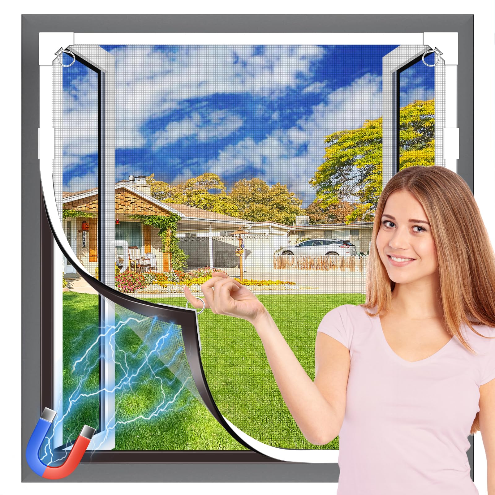 OWYR Magnetisches Fliegengitter Fenster, DIY Insektenschutz Zuschneidbar, Selbstklebender Magnetrahmen Ohne Bohren, Robustem Glasfaser-Mesh, 150cm×180cm Weißer Rahmen & Graues Netz