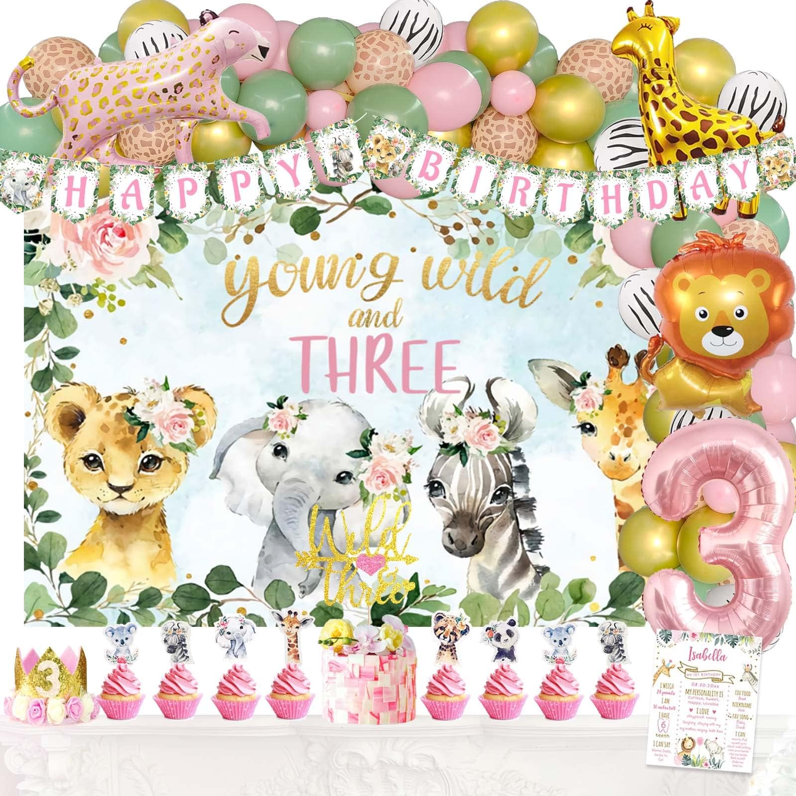 Fiesec119 PCs Young Wild and Three Decorations Girl, Jungle Safari Animal Theme 3rd Party Decorations Backdrop Balloons Banner Cake Cupcake Topper Poster Crown Lion Cheetah Giraffe Pink