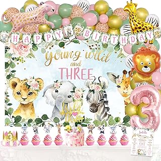 119 PCs Young Wild and Three Decorations Girl, Fiesec Jungle Safari Animal Theme 3rd Party Decorations Backdrop Balloons Banner Cake Cupcake Topper Poster Crown Lion Cheetah Giraffe Pink