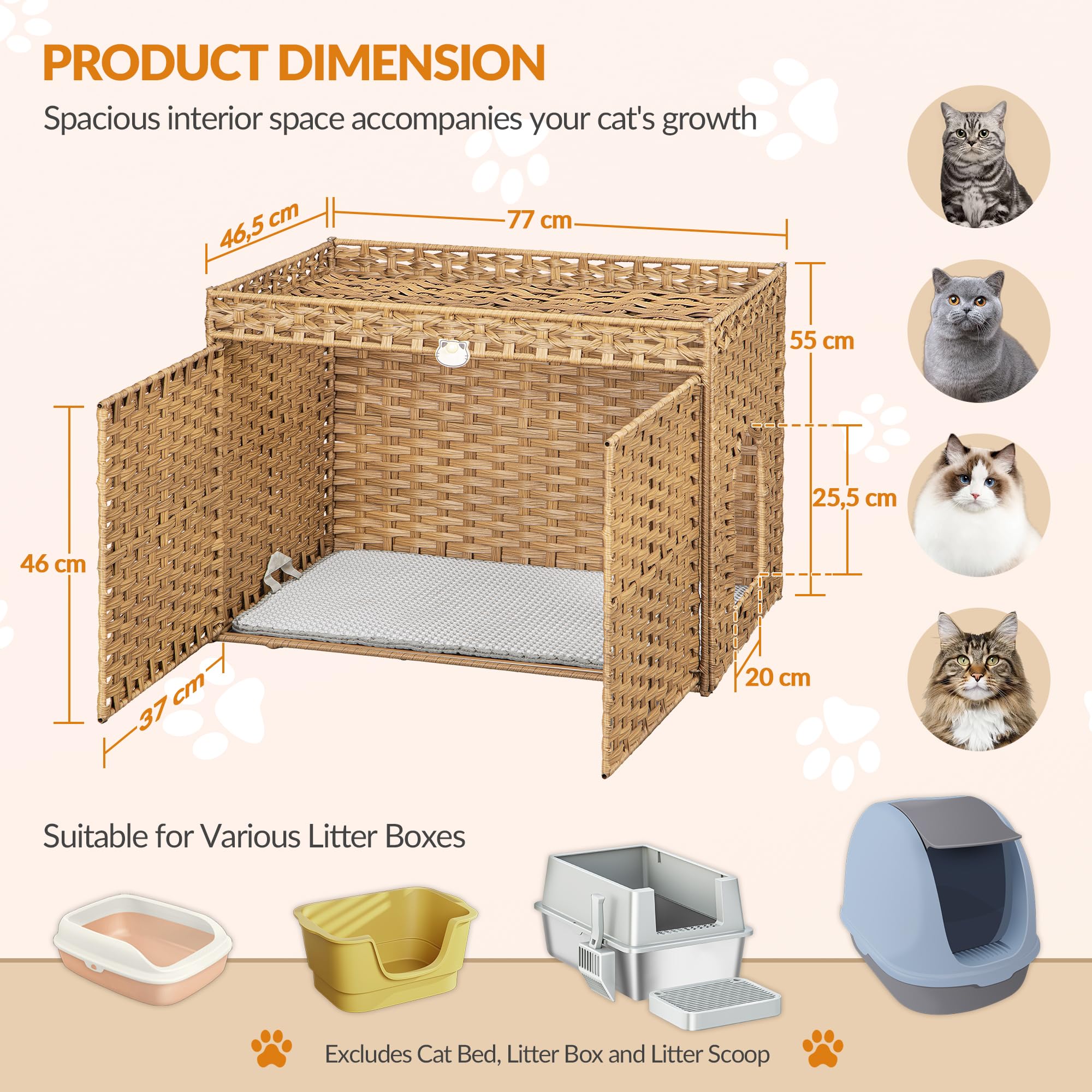 Katzenklo Schrank, Handgewebtes Rattan Katzenhaus, Natur | Katzenschrank Möbel mit Matte und Zaun, Katzenklo Versteckt in Möbeloptik mit 2 S-Haken, Wohn, 77 x 46,5 x 55 cm FPCB001RN1