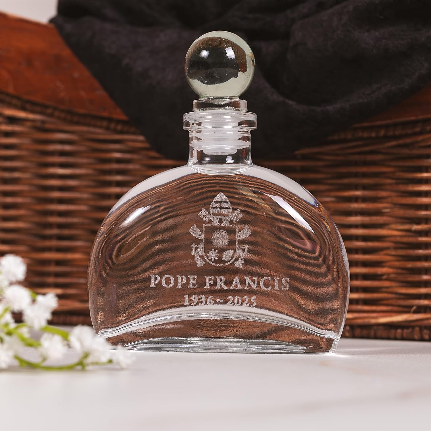 Pope Francis Commemorative Holy Water Bottle – 5" Glass Bottle with Papal Crest – Catholic Company Exclusive​