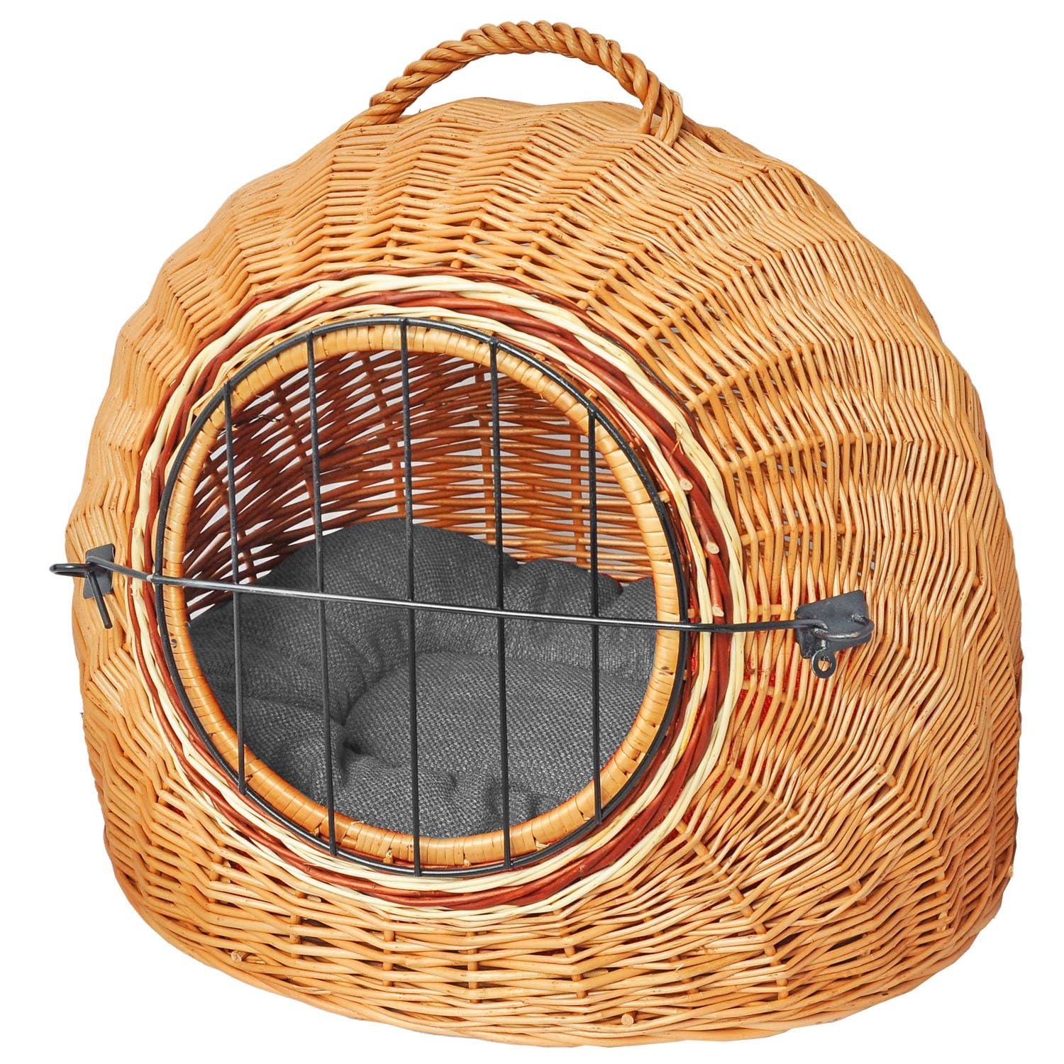 YULKA Katzentransportkorb aus Weide – Katzenkorb mit Metalltür & Kissen, handgeflochten, Tragegriff – 50×39×37–40 cm – 2-in-1 Transport & Schlafplatz