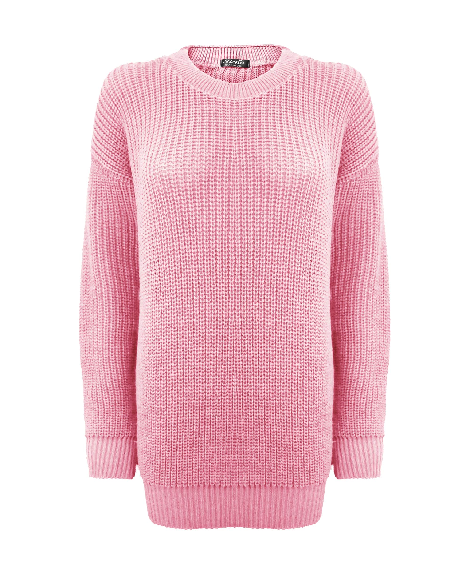 Ladies Women Knitted Long Sleeves Crew Neck Over Sized Baggy Jumper Chunky Knit Sweater Top Long Sleeves[Hot Pink,LXL]