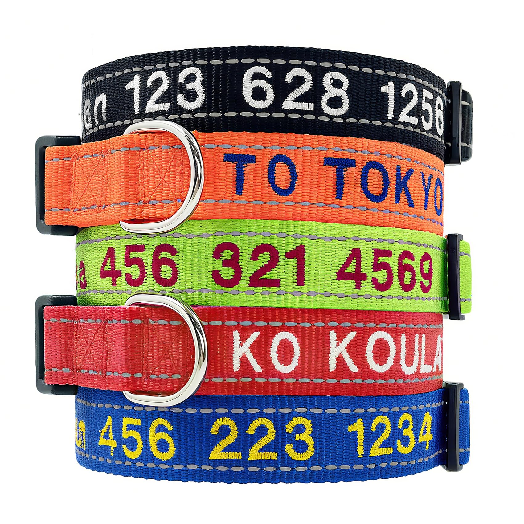 Personalized Dog Collar Large Small Medium Reflective Nylon Embroidered with Name and Phone Number, 4 Adjustable Sizes, 11 Colors