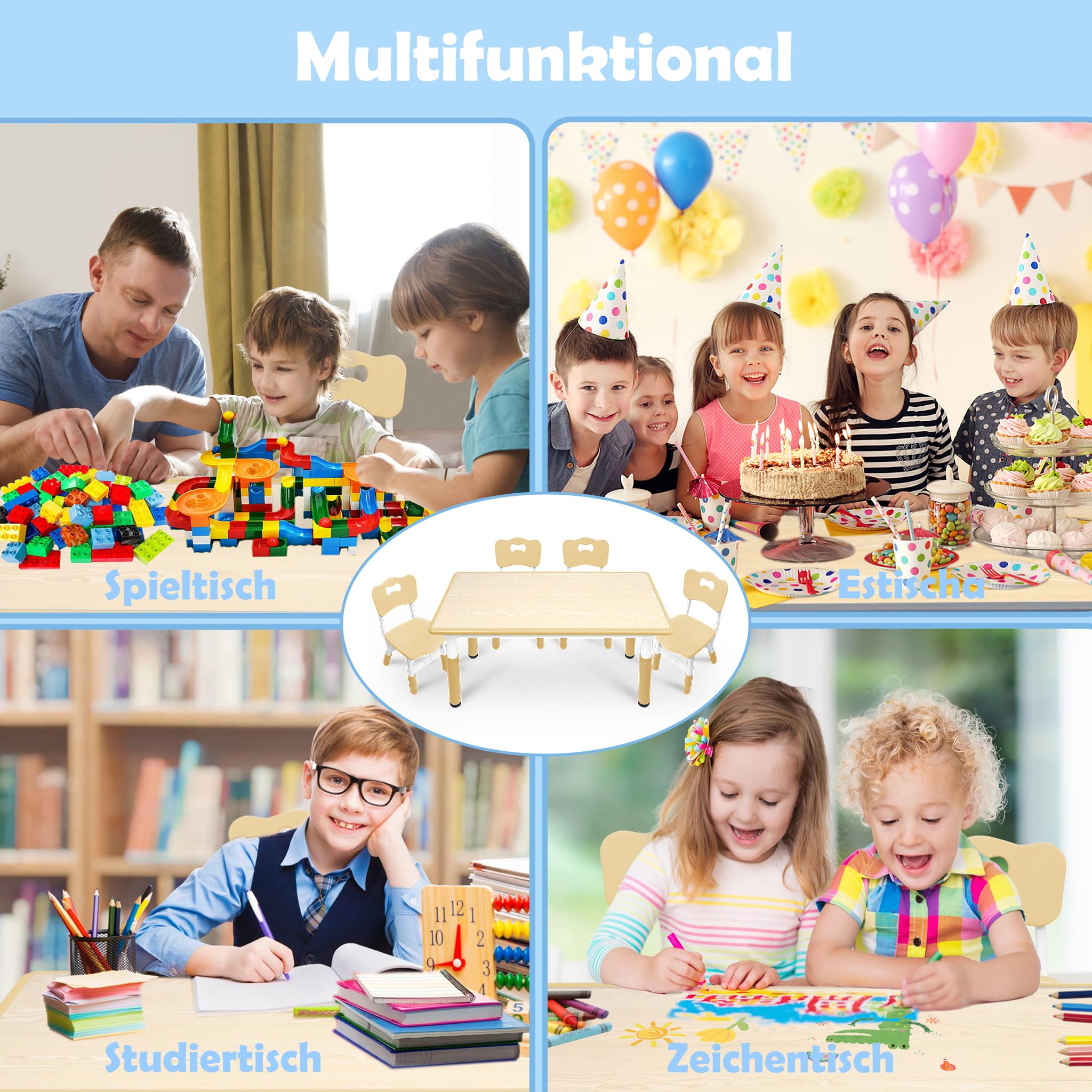 UISEBRT Table pour enfant avec 4 chaises, ensemble de sièges réglables en hauteur, pour enfants à partir de 2 ans, set de table en plastique, meubles pour maternelle et chambre d'enfant (couleur bois