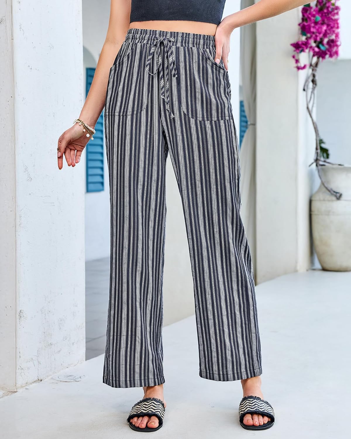 GRAPENT Linen Pants Women Wide Leg Striped High Waisted Pull On Elastic Waist Casual Summer Beach Vacation Palazzo Pants - Image 2