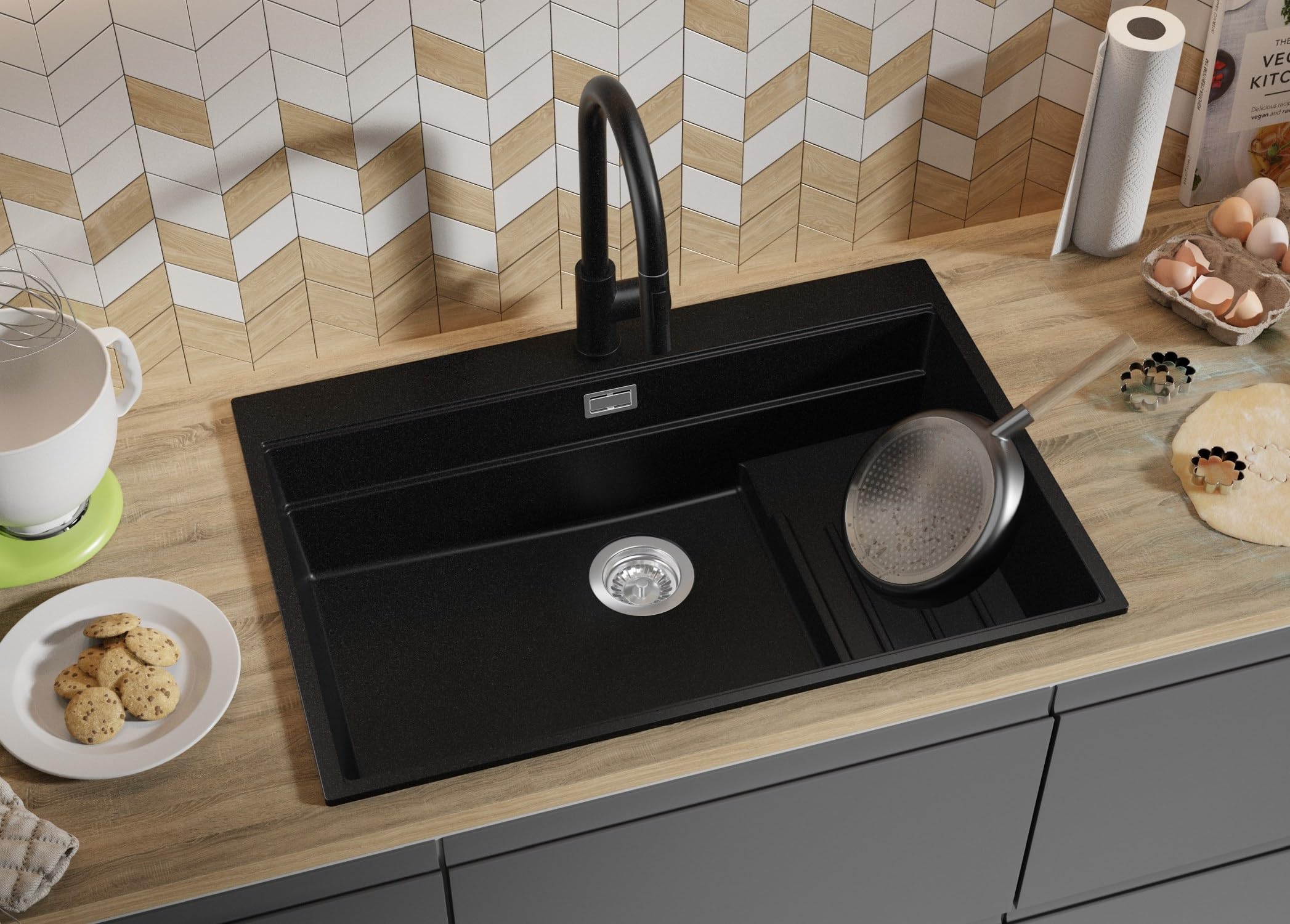 PRIMAGRAN Lavello da Cucina Nero 78x53cm, Lavandino in Granito a 1 vasca + Sifone Classico, Lavabo da Cucina Incasso al Mobile 80cm - Oslo Max Step S095