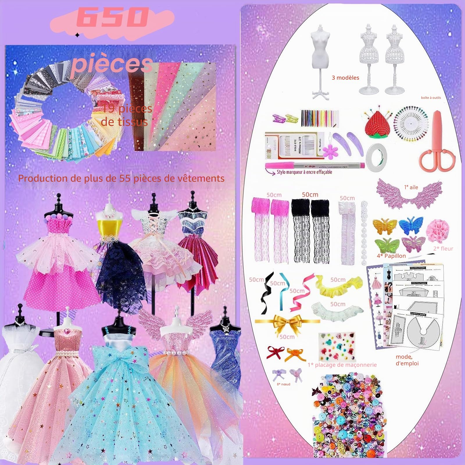 Kit Couture Enfant 650 Pièces avec 3 Mannequins, Loisirs Créatifs Fille 10 Ans Bricolage Dessinons la Mode