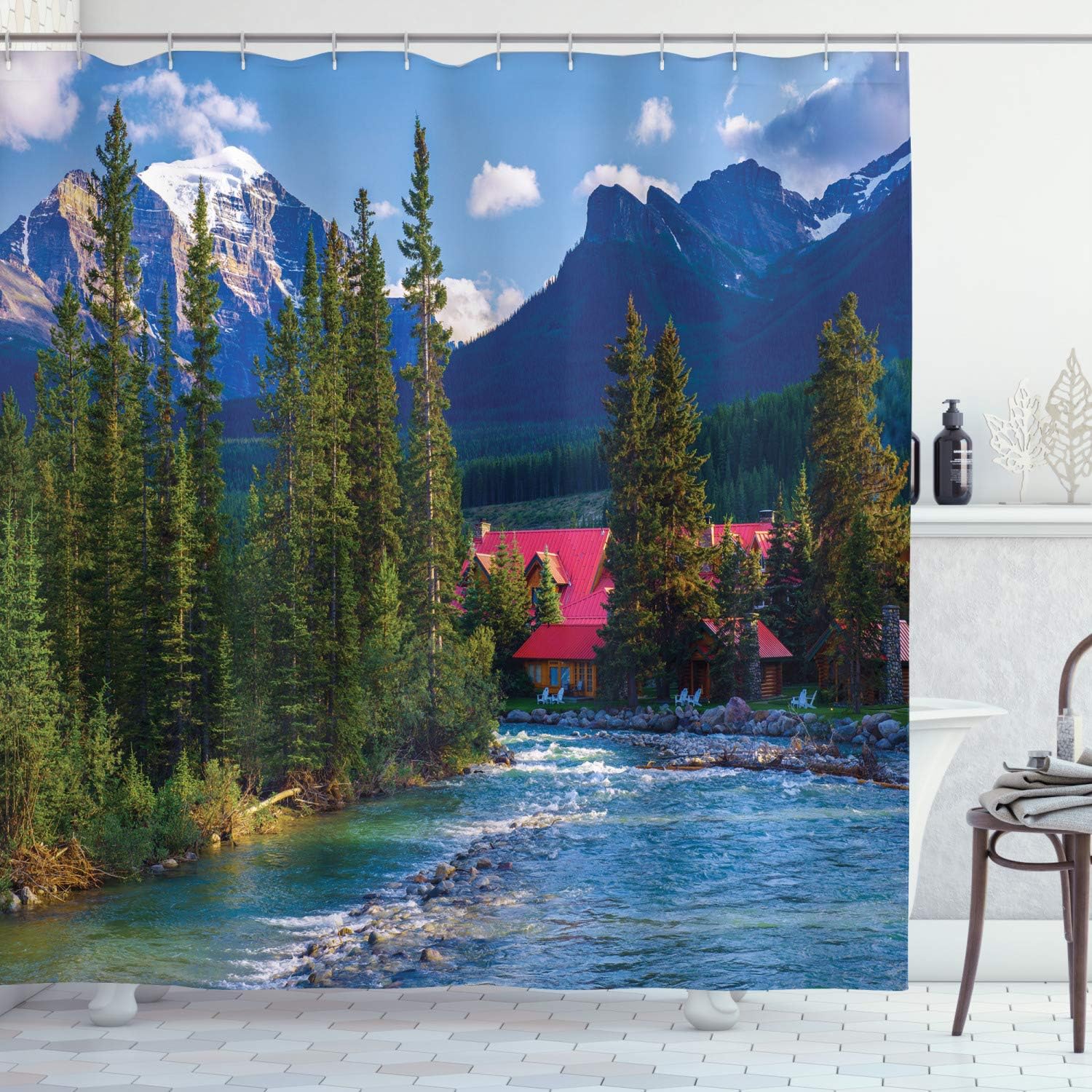 Ambesonne Landscape Shower Curtain, River Log Lake Village Themed Scenery Panoramic Woods Mountains, Cloth Fabric Bathroom Decor Set with Hooks, 69" W x 84" L, Green Blue