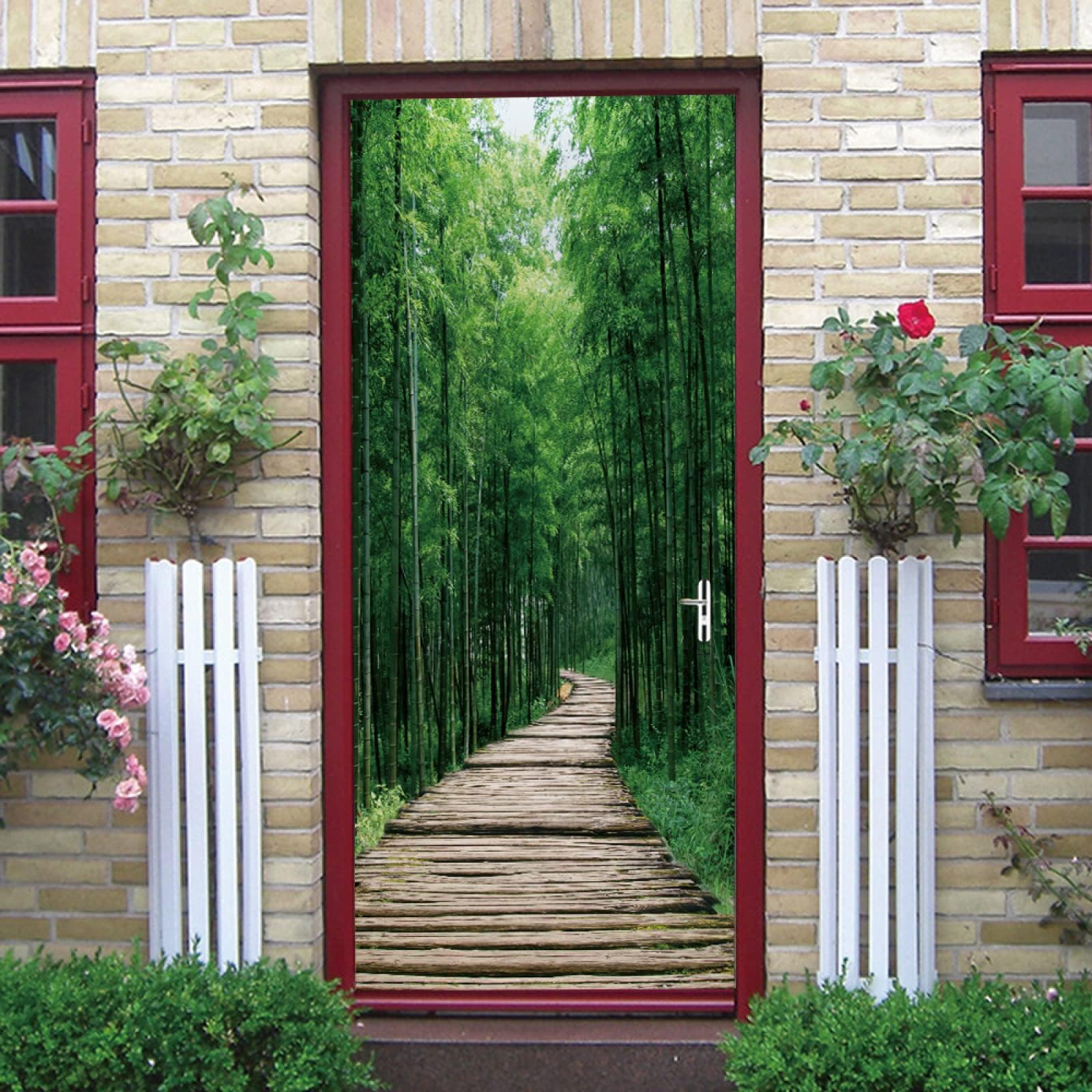 3D Door Wall Mural Wallpaper Stickers Bamboo path Vinyl Removable Decals for Home Decoration W90 x H203 cm