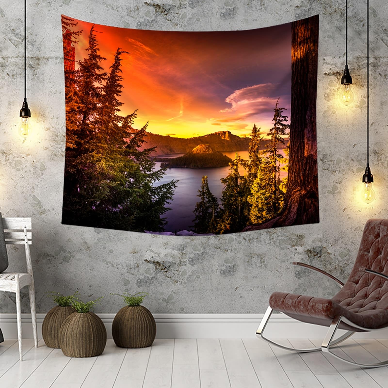 Epinki Tapisserie 240x220cm, Landschaft Natur Wandteppich Sonnenuntergang See Wald Landschaft Wandbehang Polyester Wandtücher für Zimmer Wohnheim Schlafazimmer, Orange Braun Grün