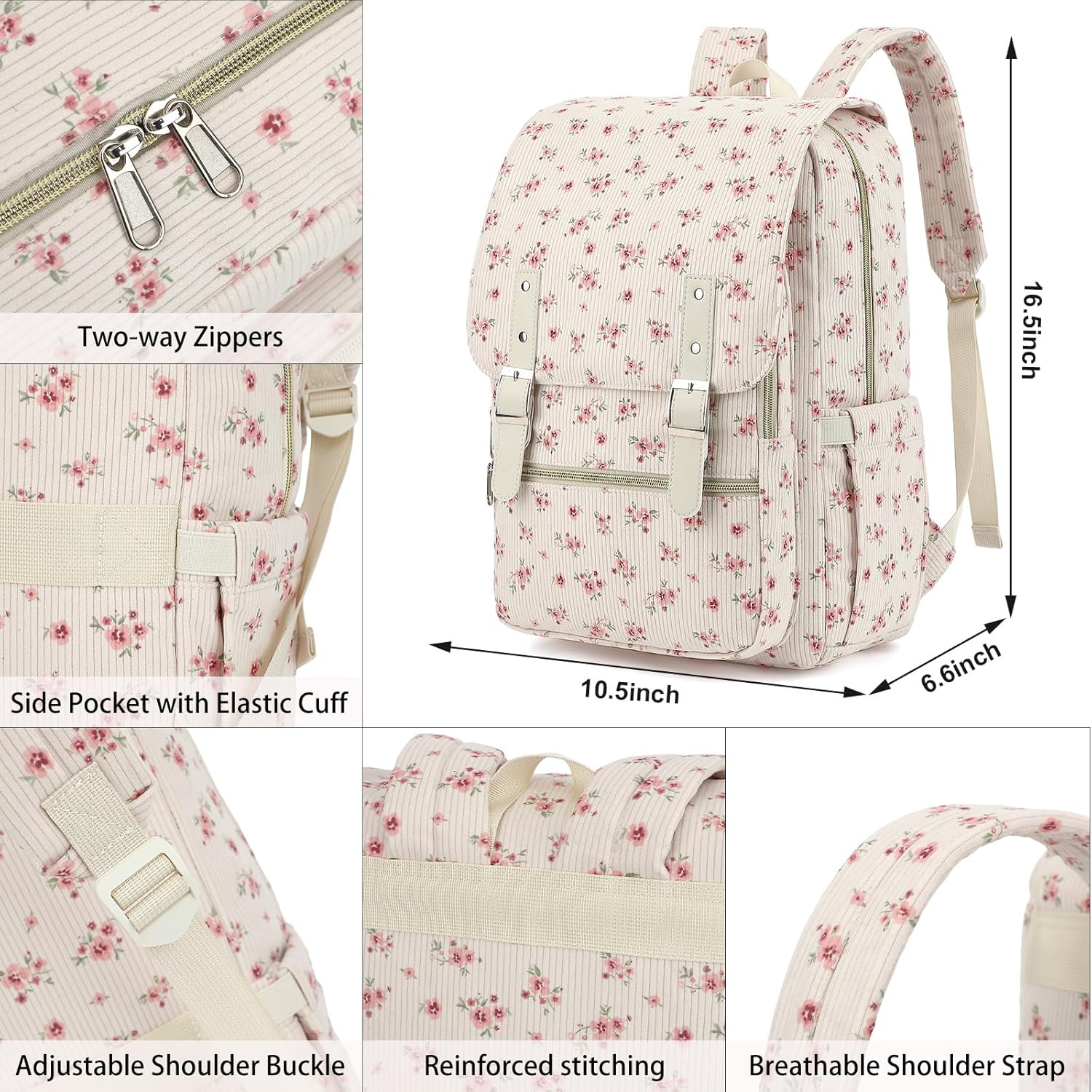Corduroy Women Travel Backpack, College Laptop Backpack Casual Daypack School Bookbag for 15.6 Inch Laptop (Corduroy Floral Pink)