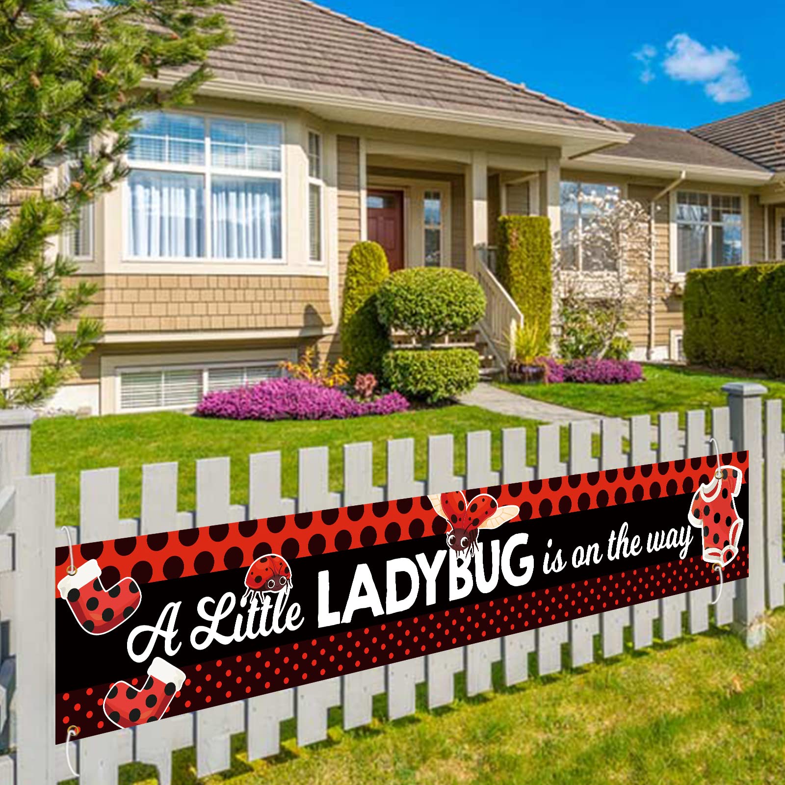 WPCTYQ Red Ladybug Baby Shower Large Banner for Girls A Sweet Little Ladybug is On The Way Banner,Ladybug Baby Show Decor,Red Black Wave Point Ladybug
