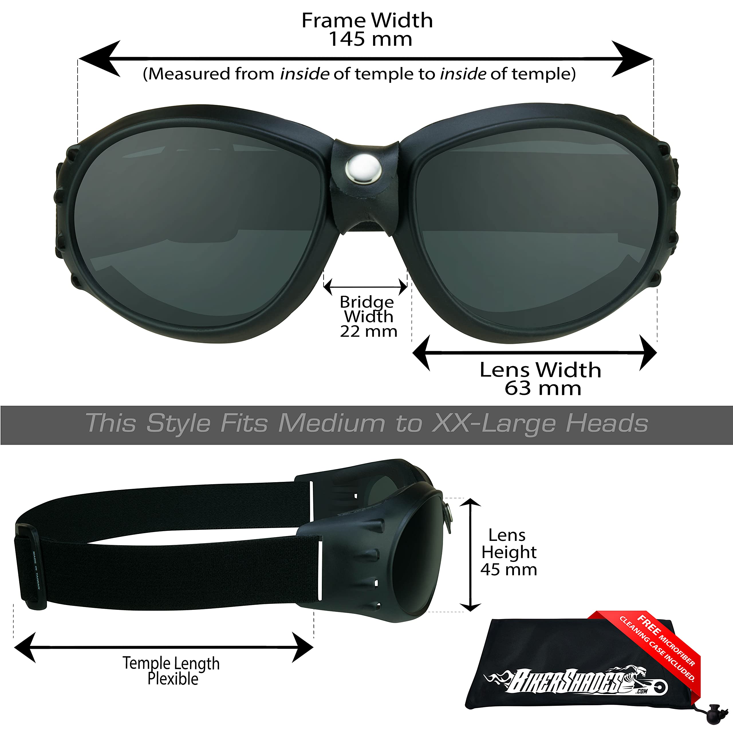Bikershades Motorcycle Day Riding Safety Goggles Foam Padded Smoke Lens Men Women Large Coverage with Large Microfiber Case