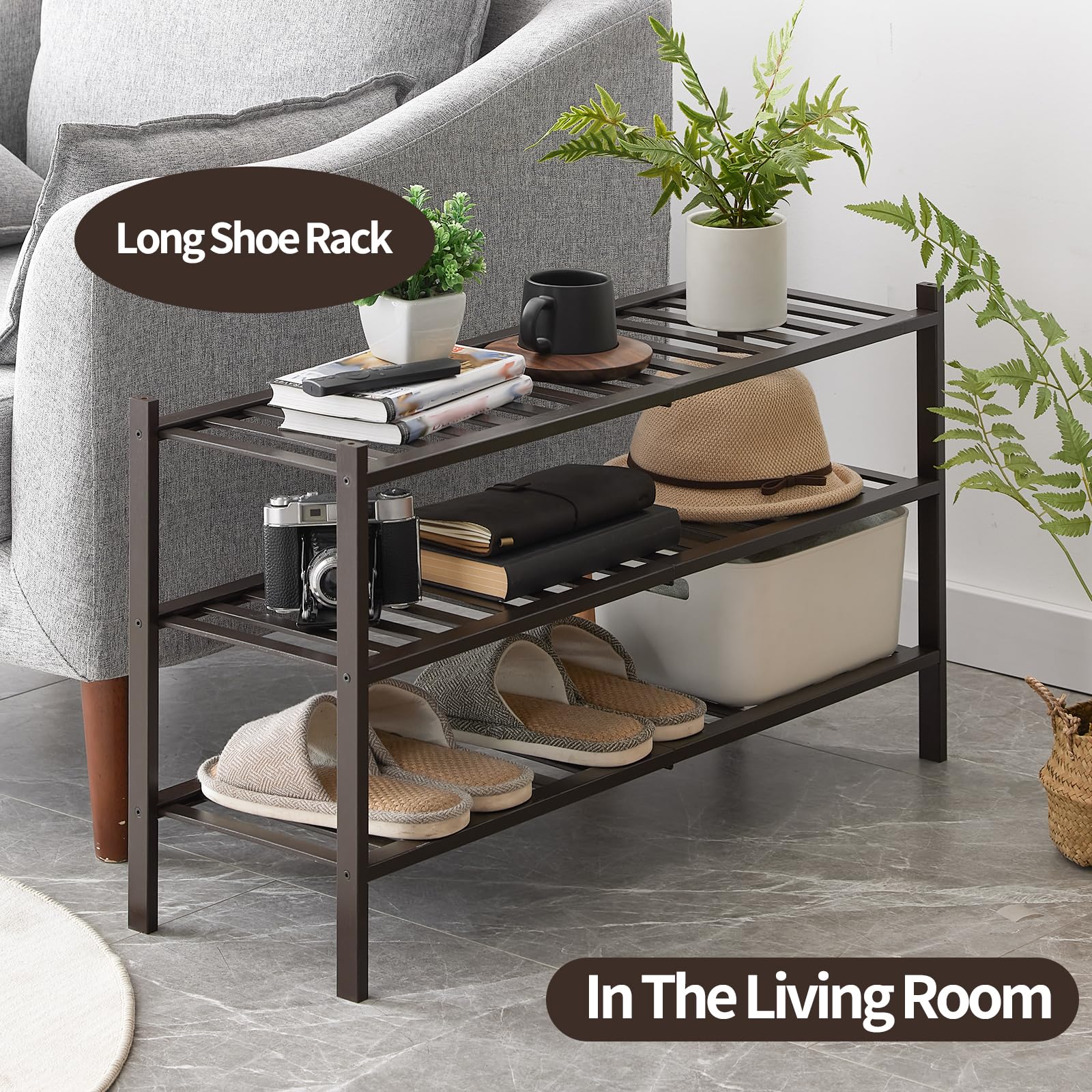 Langes Schuhregal, 3-stöckiges Bambus-Schuhregal, stapelbar, Schuhregal, Organizer, Schuhständer für Schrank, Eingang und Flur