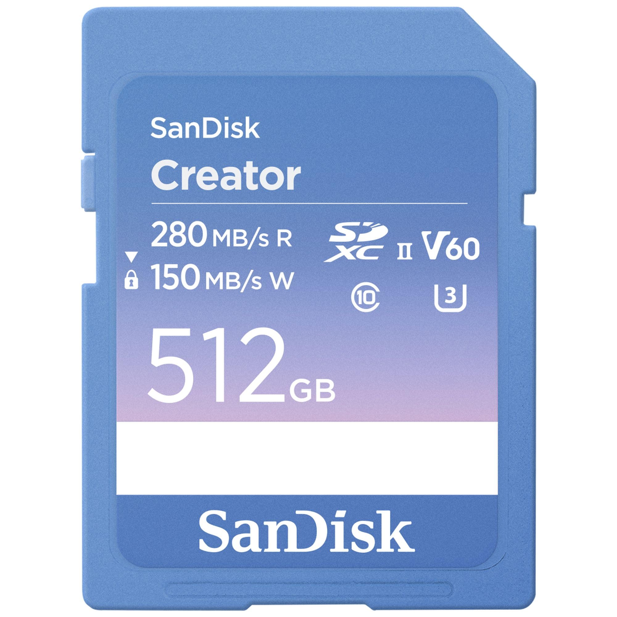 SanDisk Creator Scheda SD UHS-II 512GB (Per DSLR i Fotocamere Mirrorless, 6K i 4K Video, V60, UHS-II, Velocità fino a 280 MB/s, RescuePro Deluxe, Class 10, U3, 1 mese di Adobe Creative Cloud)