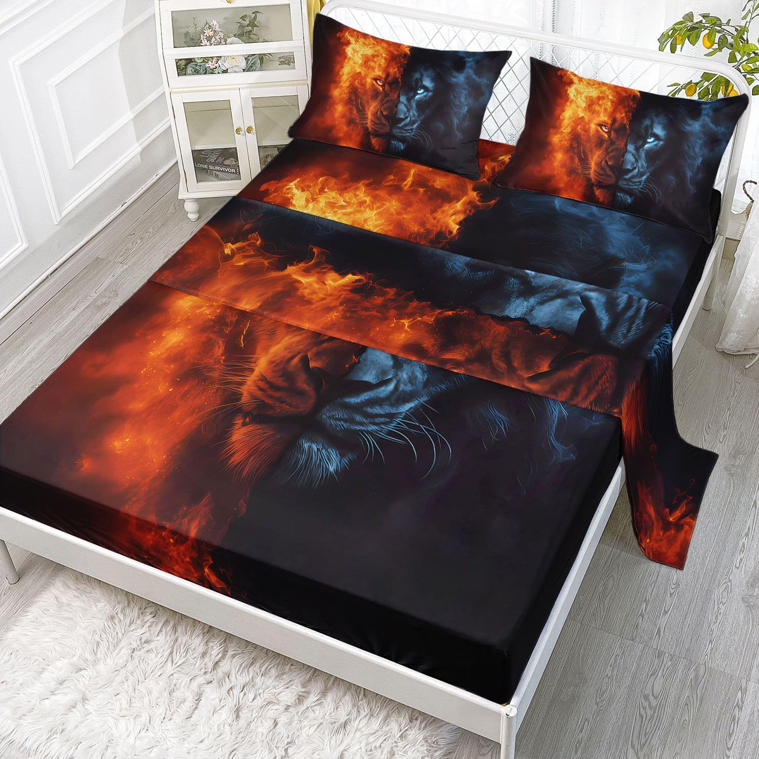 Ice and Fire Lion Printed Full Sheets Set 4 Pcs Bed Sheet for Teens,Boys,Girls,with 1 Flat and 1 Fitted Sheet + 2 Pillowcases(Lion Full)