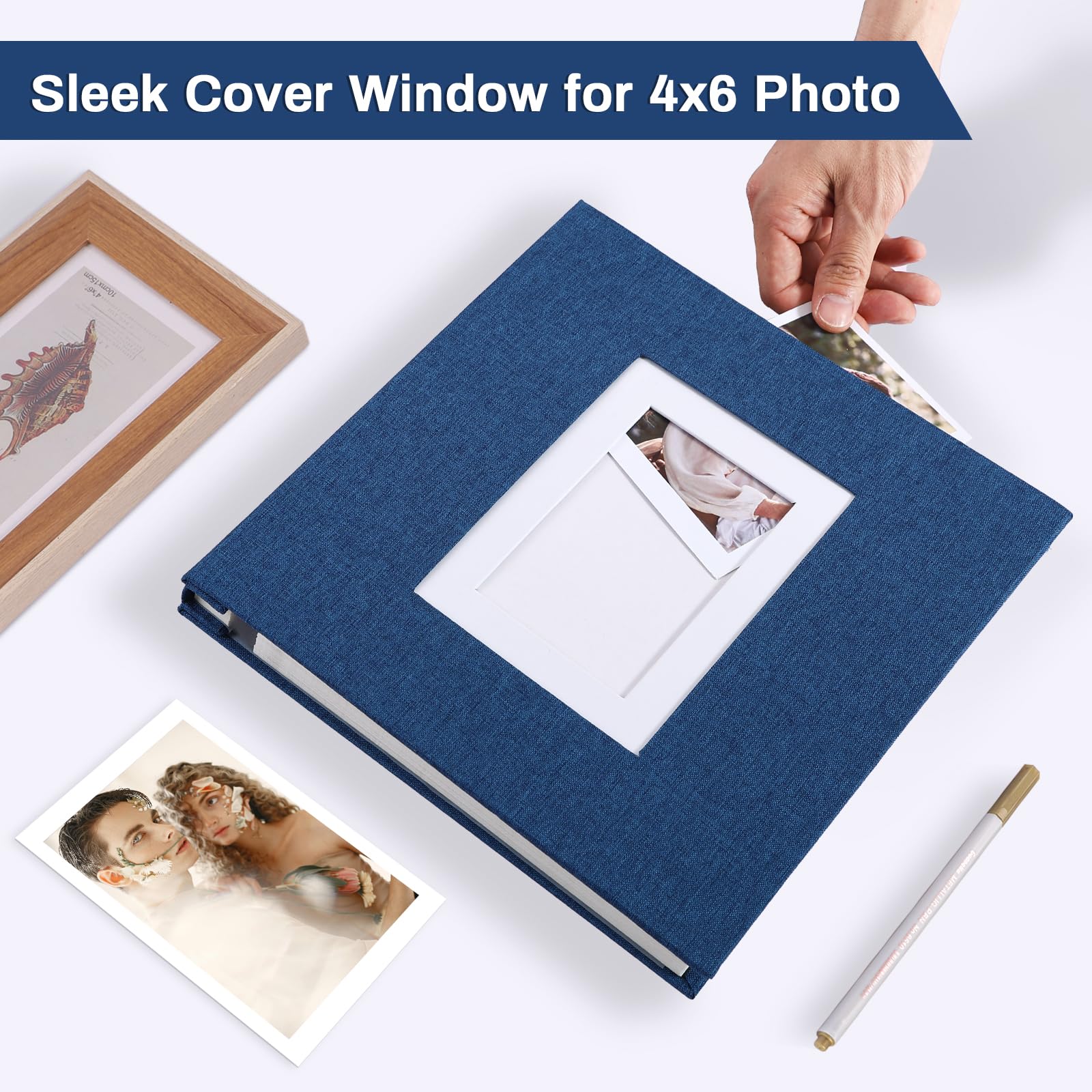 Fotoalbum Selbstklebend 33x32 CM Photo Album, 60 Seiten Blau | Groß Fotobuch zum Selbstgestalten Einkleben Scrapbook mit Bildanzeigefenster Leinen für Baby Kinder Hochzeit Gästebuch