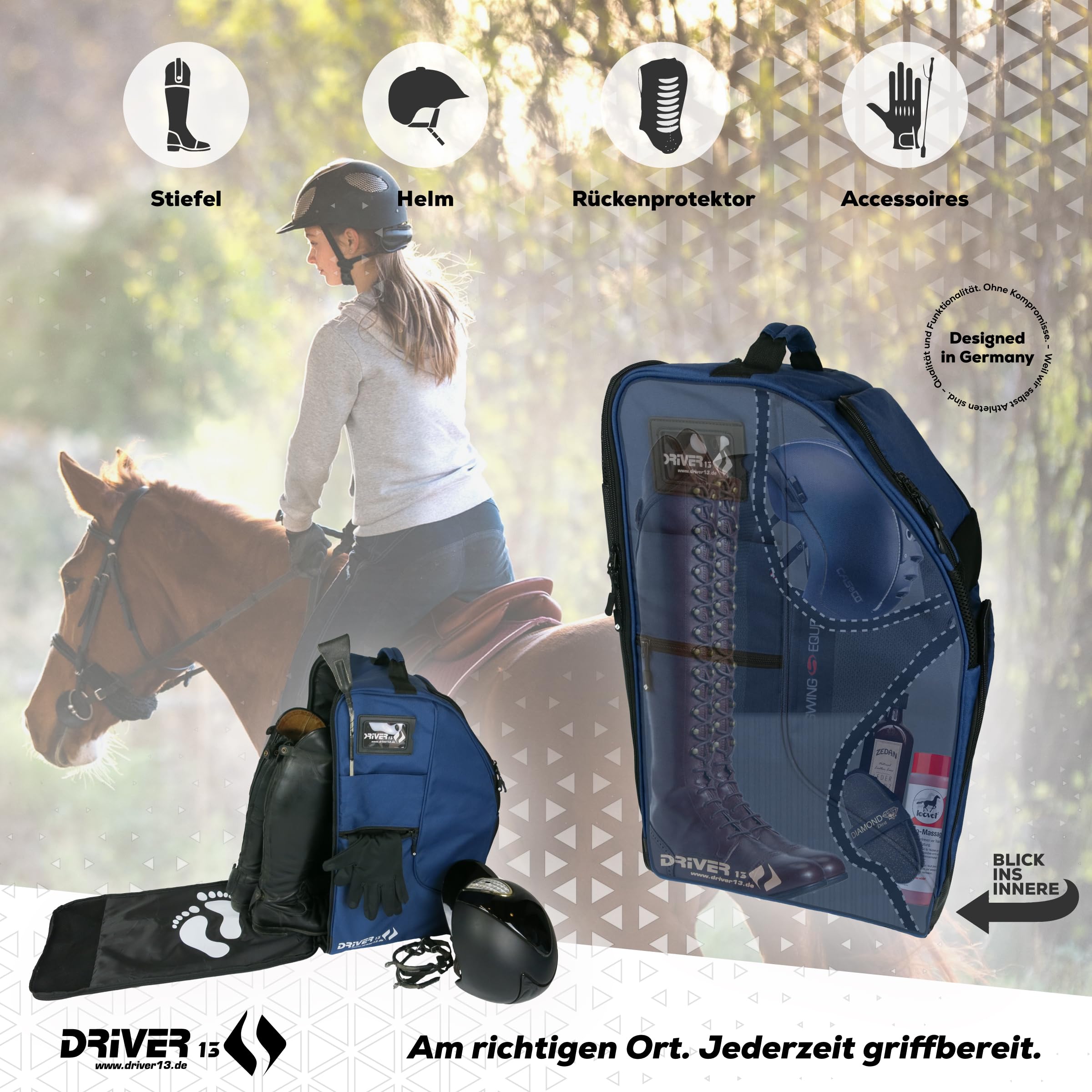 Driver13 Sac à dos d'équitation Deluxe avec compartiment pour casque, sac pour bottes d'équitation et sac pour bottes, pour bottes d'équitation et accessoires