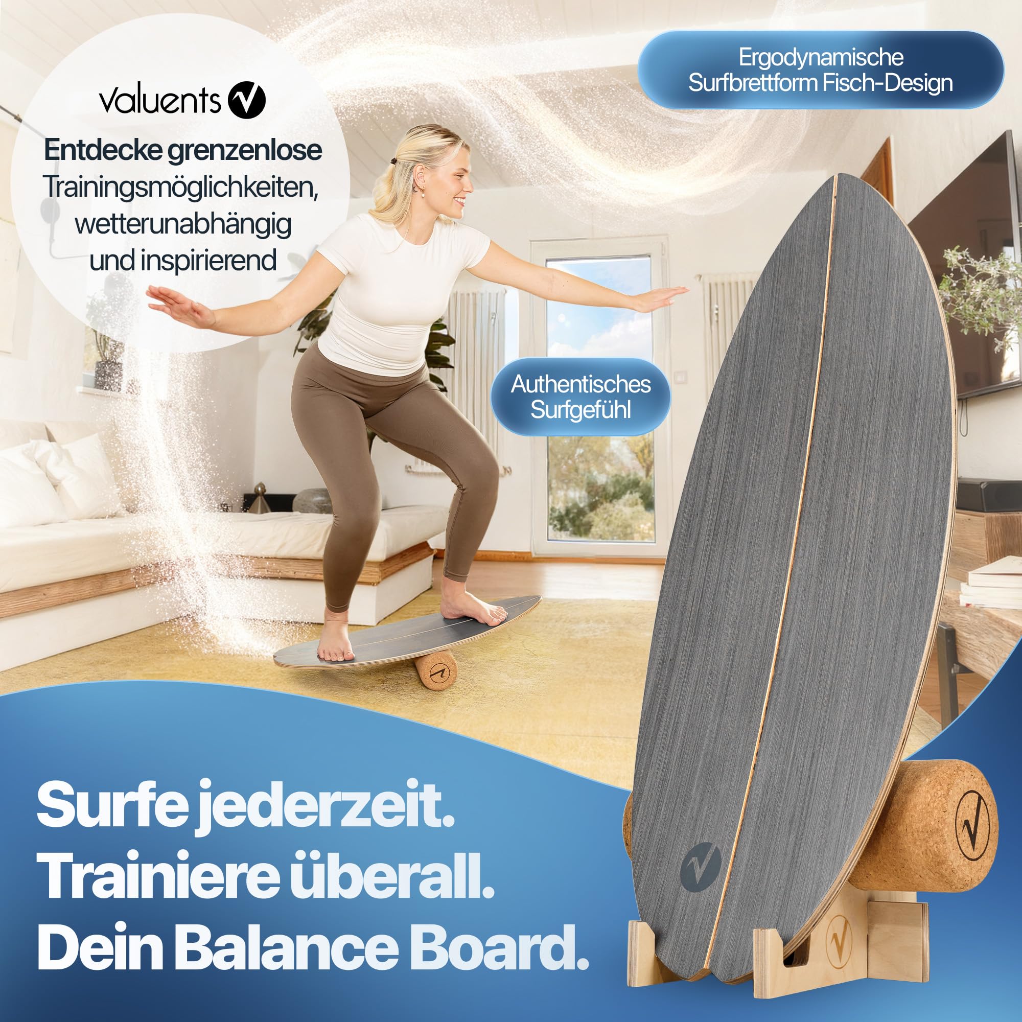 Balance Board aus Holz in – mit abgerundeten Ecken – inkl. Rolle für Neuromuscular Response Training +Plus: Halterung & Ball