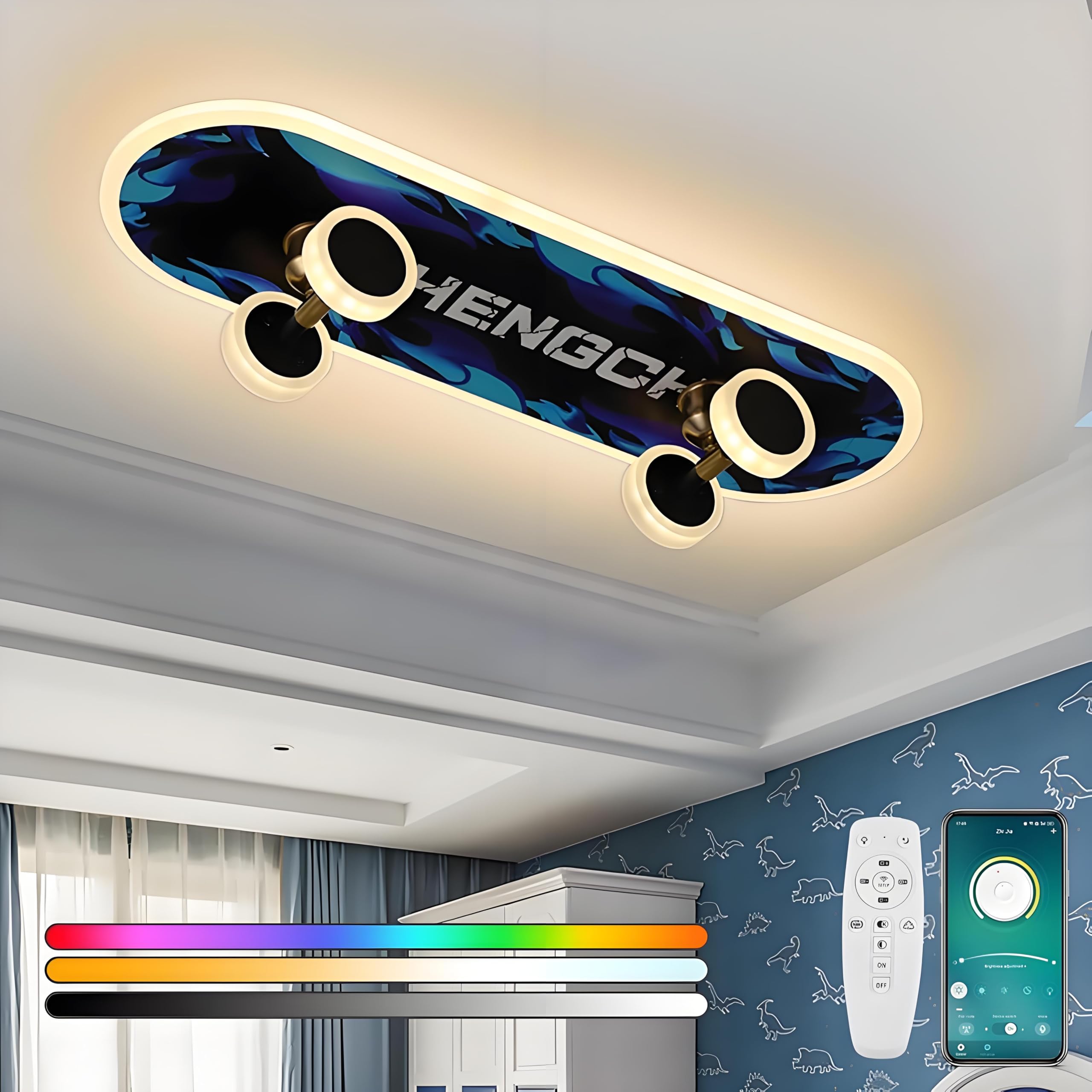 LED Deckenleuchte - Kinderzimmer Lampe Decke Dimmbar mit Fernbedienung & APP, RGB Farbwechsel Kinder Deckenlampe, Kreative Skateboard Leuchte für Deko Junge/Mädchen Schlafzimmer, 32W, L60CM