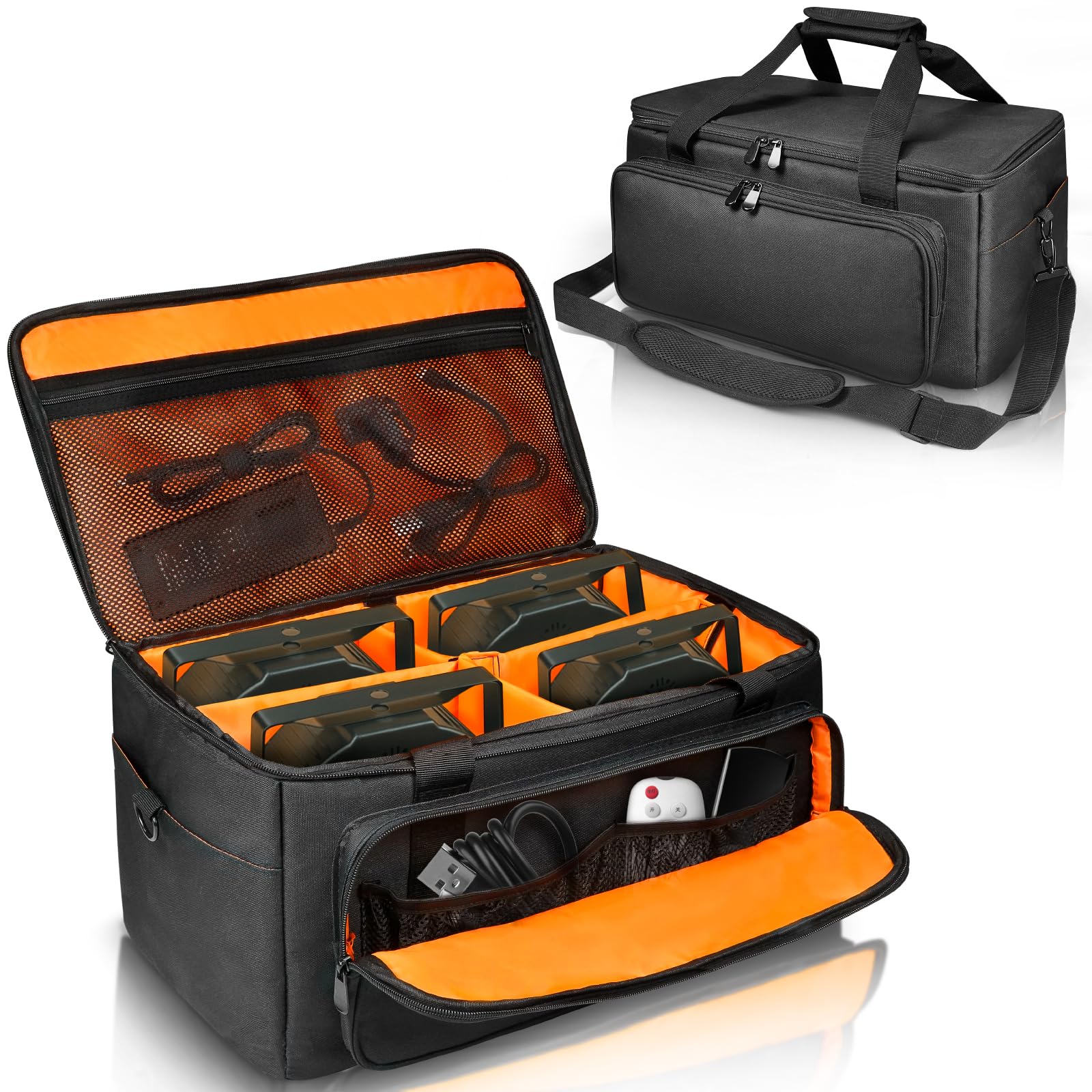 ORKELS 3/8'' Padded Stage Lighting Bag – Fits 4 Par Lights, Spotlights – Storage Bag with Fluorescent Lining, Dividers, Adjustable Straps & Accessory