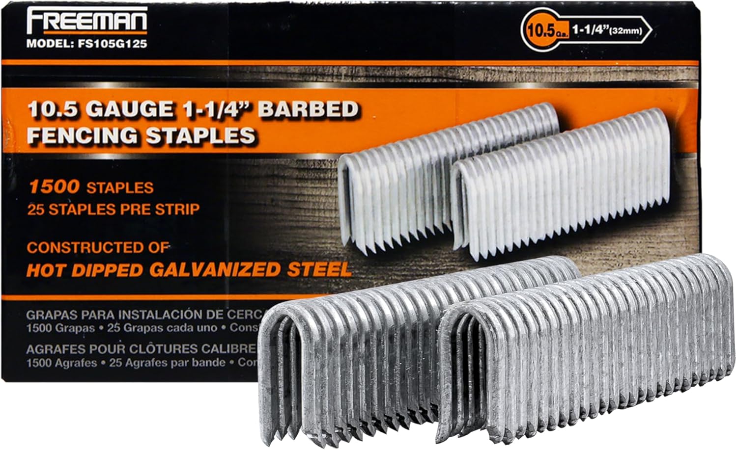 Freeman 10.5-Gauge 1-1/4" Fencing Staples | Glue Collated | Galvanized Steel | 1,500 Count | for Livestock Fencing, Pet Enclosures, Trellising, Deer Control & Farm Use | FS105G125