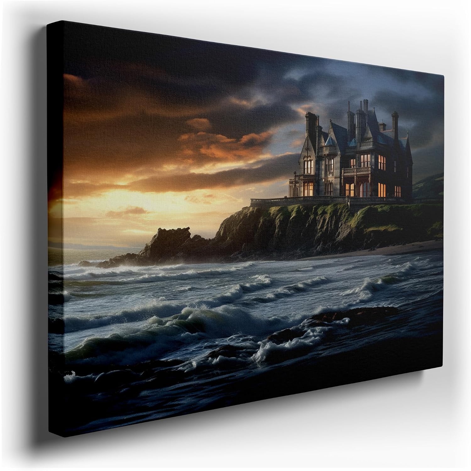 Canvas for Living room. Gothic Grandeur on the Precipice: A Majestic Mansion's Stormy Seaside Standoff, 27 x 18 inch Canvas Wall Art - Ready to Hang - 69x46 cm (27x18 inch)