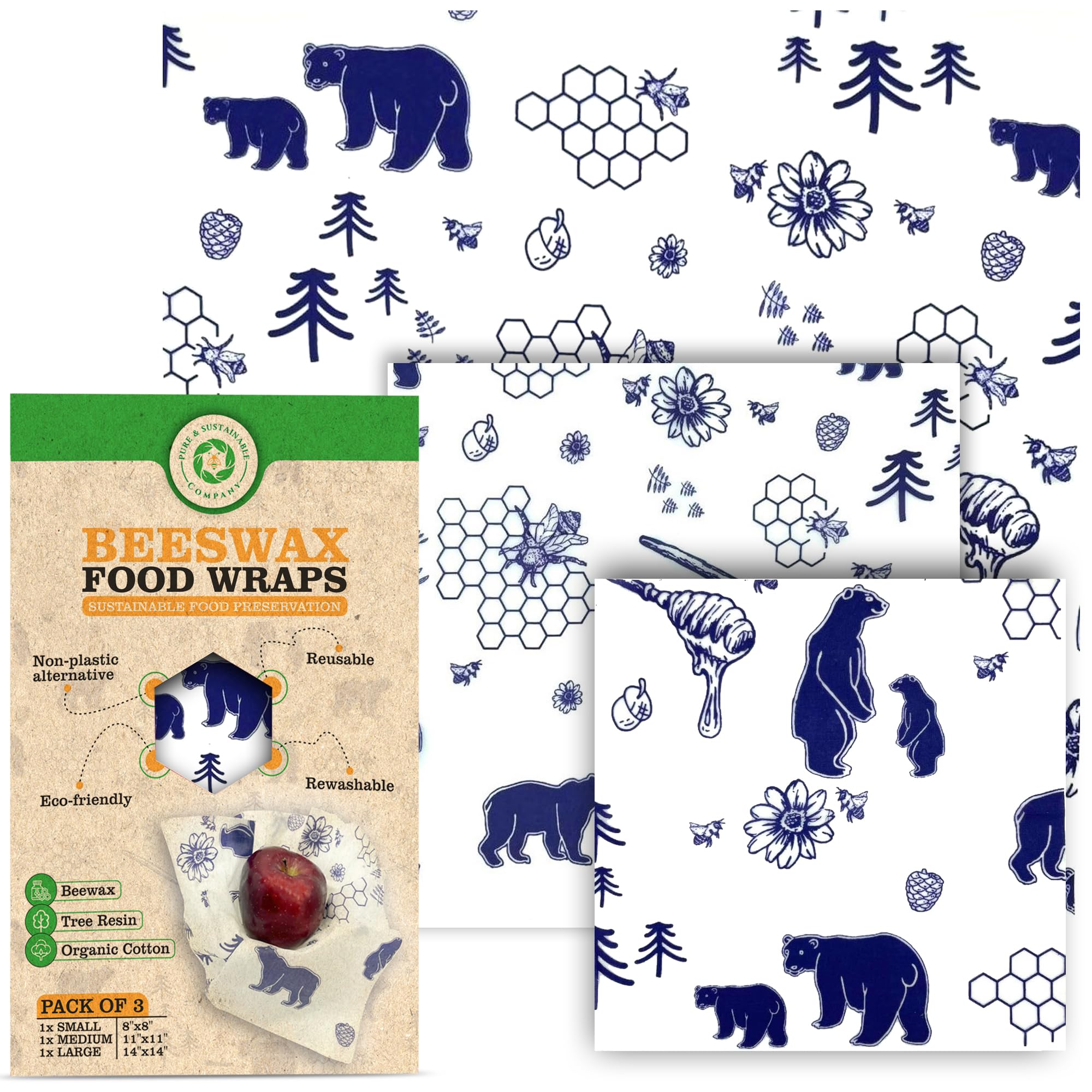 PURE & SUSTAINABLE COMPANY Beeswax Wraps for Food Storage-Pack of 3 Reusable with Organic Cotton - Preserve Fruits, Vegetables, Sandwiches, Snacks,