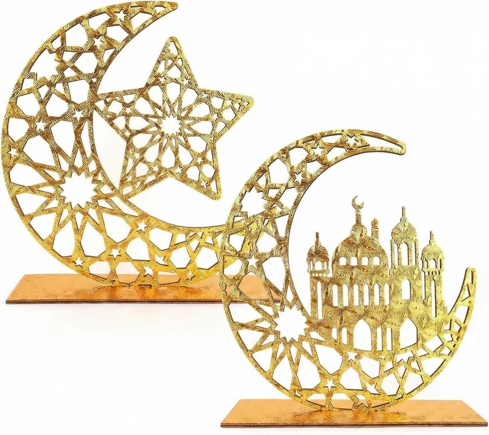 2 Pcs Wood Eid Mubarak Decorations Ramadan Decorations Kareem Table Sign Moon Hollow Star Lanterns Eid Table Decoration for Muslim Islamic Party Tabletop Decor