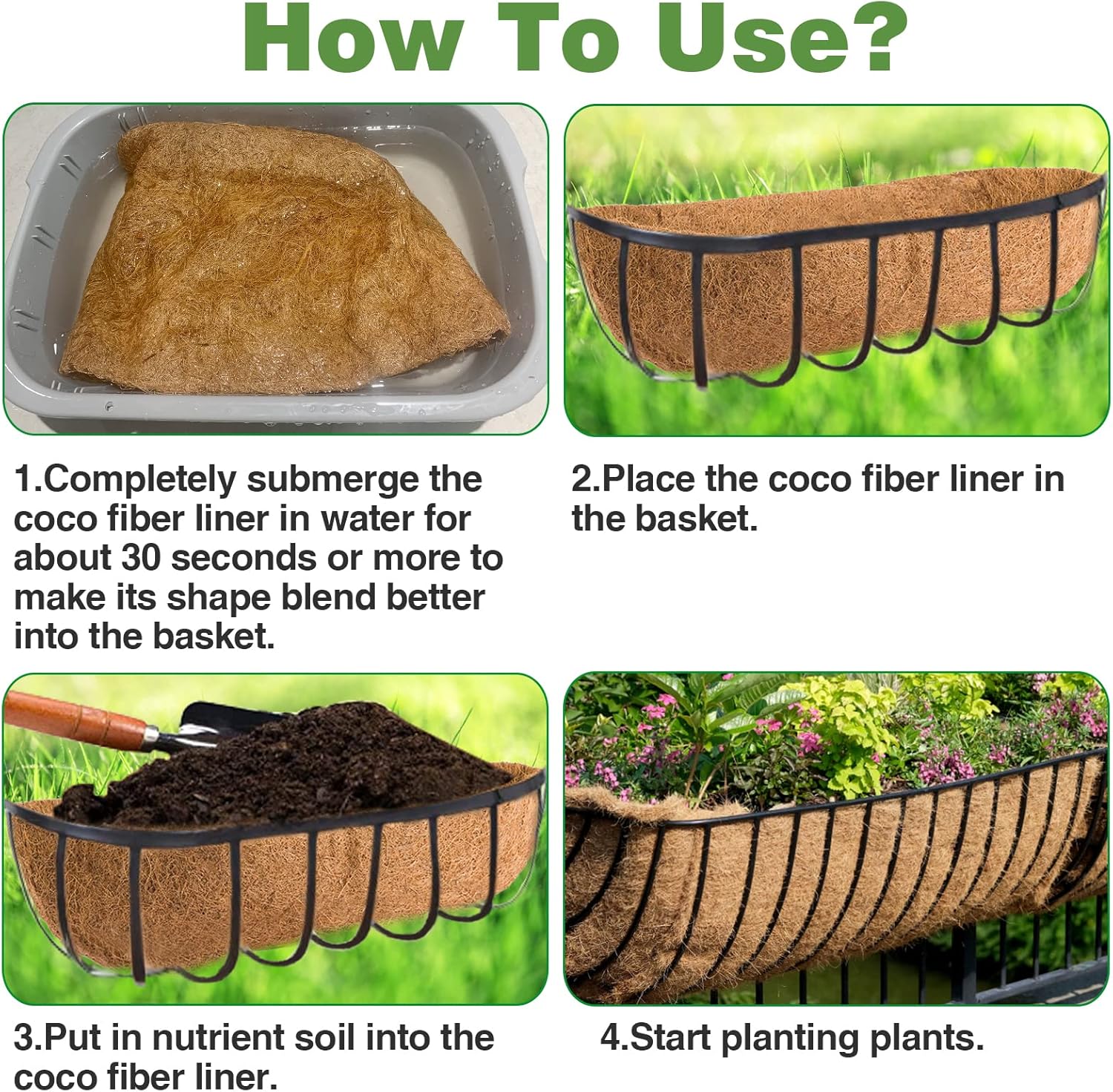 36in Coco Liners for Window Planter Box - 3 Pack 100% Natural Coconut Coir Fiber Liner Replacement for Deck Flower Box, Garden Railing Fence Trough, Wall Planter Basket, Vegetables Pot