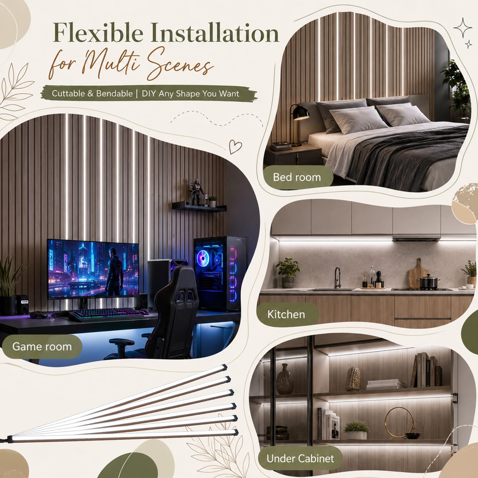 éclairage Pour Panneaux Acoustiques, Intensité Variable Sécable Avec Bande LED Intégrée 6 X 90cm Blanc Froid Et Capteur Tactile Installation Facile Pour Panneaux Acoustiques (6 Bandes)