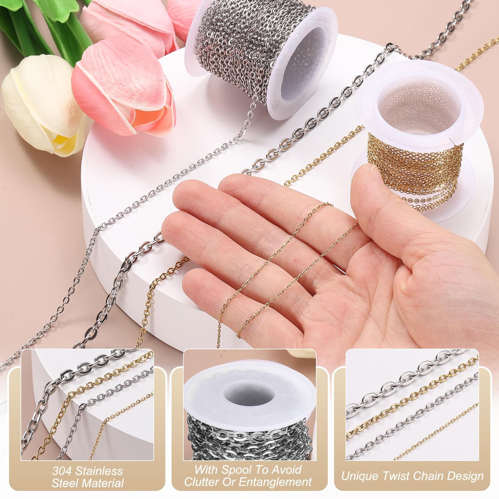 QUARKZMAN 16,4 Piedi/5 Metri Catena In Acciaio Inossidabile A Maglie Cubane, 4x1mm Catena A Maglie Piatte Incrociate Per Forniture Di Gioielli Fai Da Te, Argento