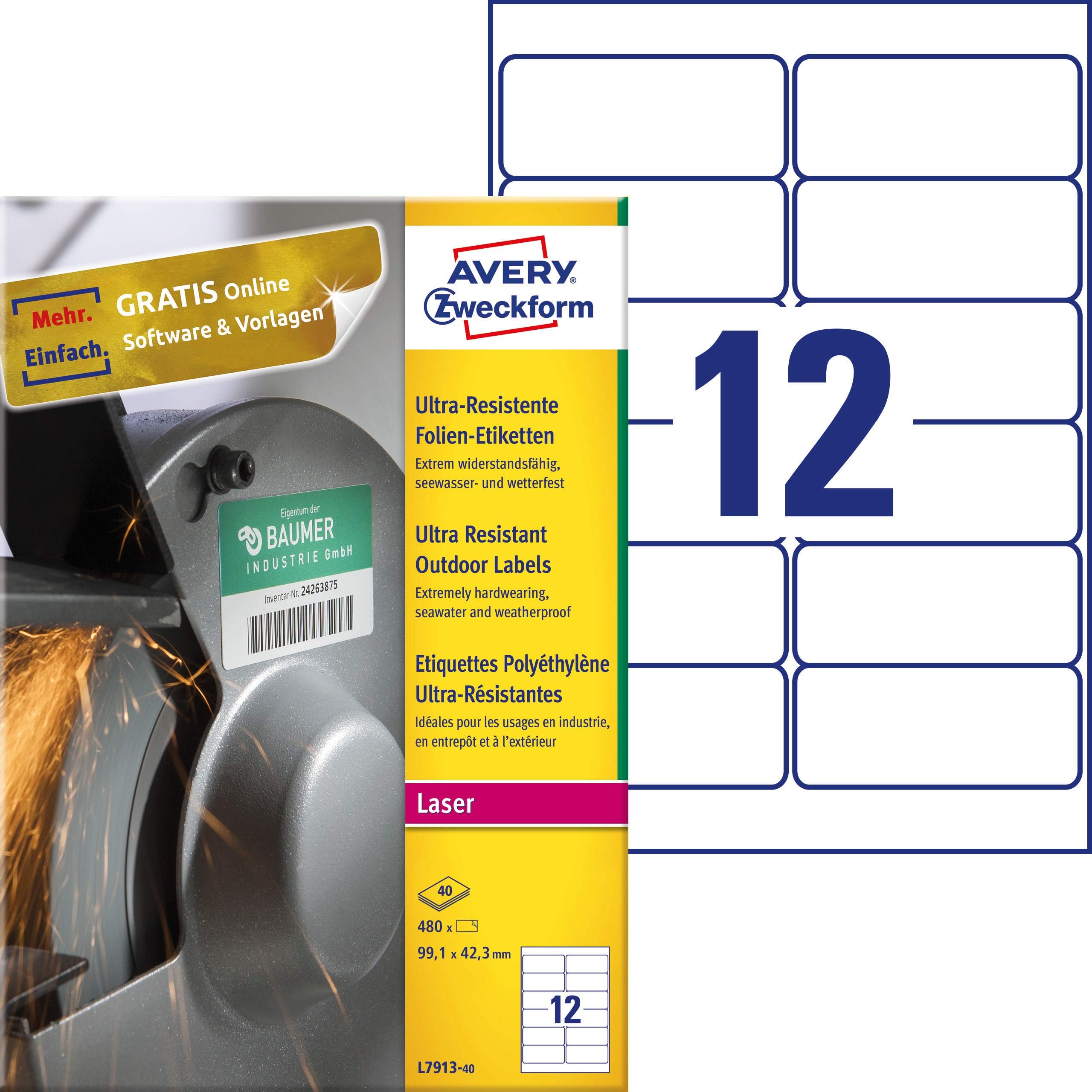 AVERY Zweckform L7913-40 Film Labels A4 480 Stickers Ultra Resistant 99.1 x 42.3 mm 40 Sheets White
