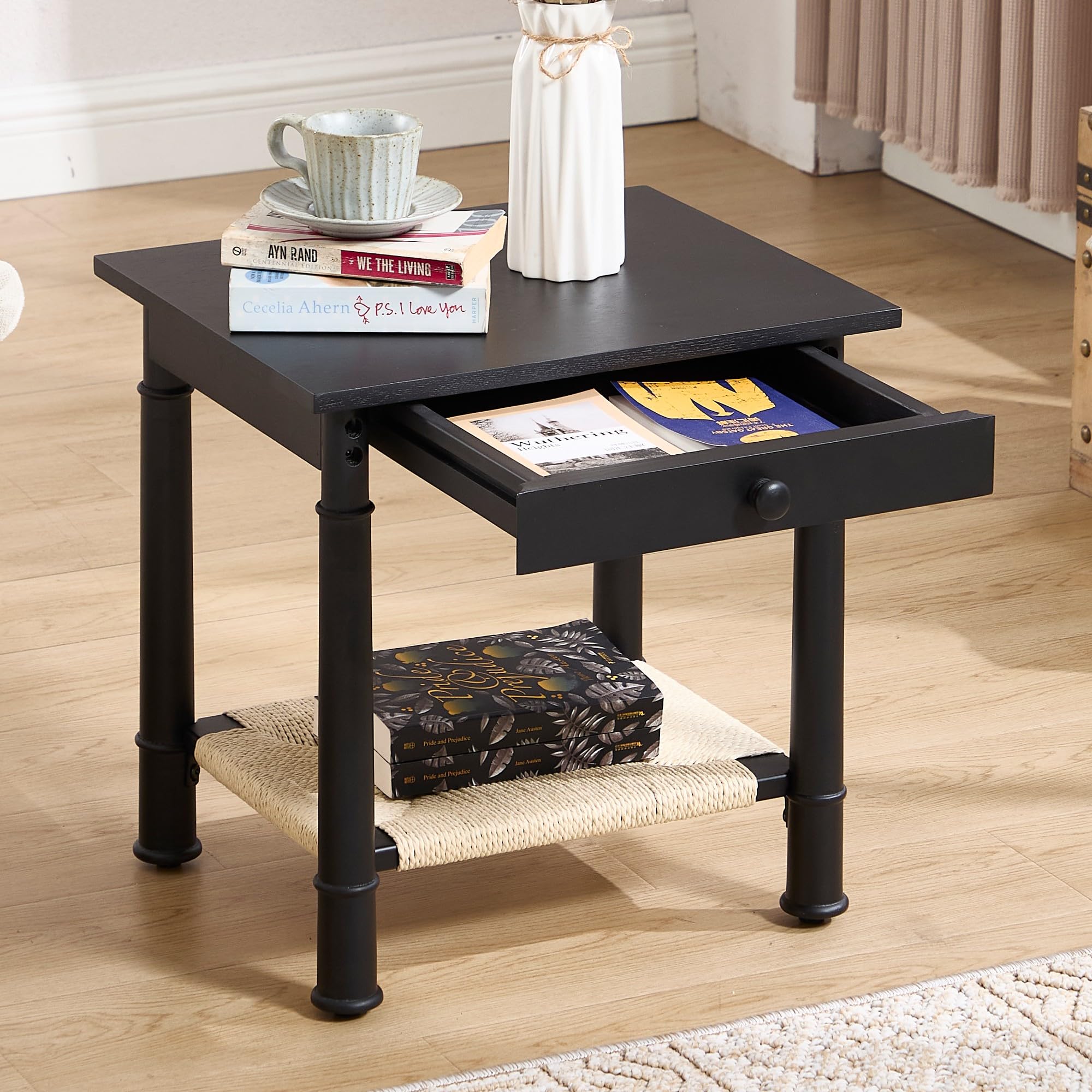 Black Bedside Table Small End Table for Living Room, 2-Tier Rectangle Nigthstand with Drawer and Woven Shelf, Farmhouse Wooden Side Table for Small Space/Bedroom/Reception, Black