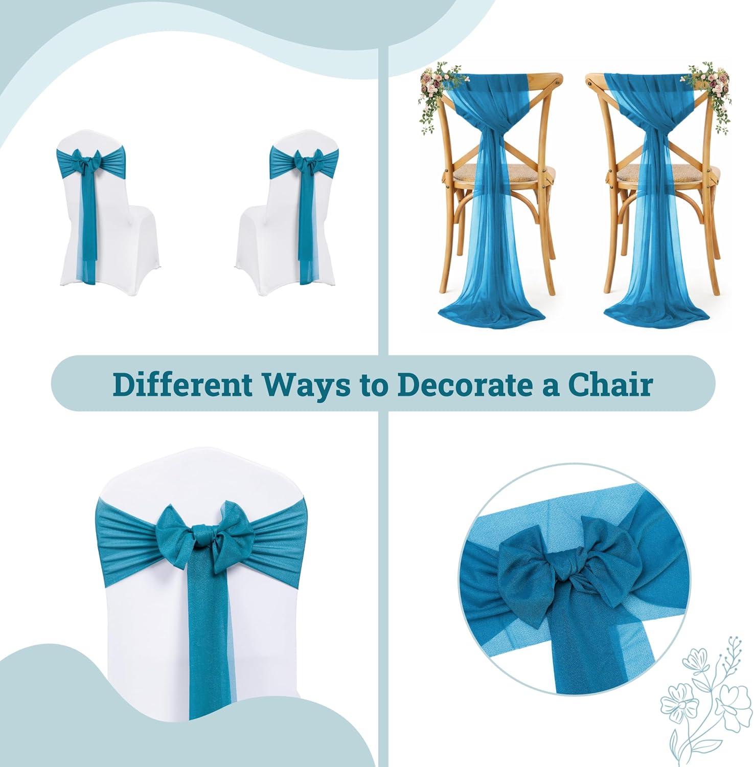 VDS Pack of 16, Dark Teal, Sheer Chiffon Chair Sashes Bows Chair Cover Back Tie Ribbon for Wedding Birthday Baby Shower Engagement Ceremony Event Party Banquet Restaurant Dining Chair Decoration