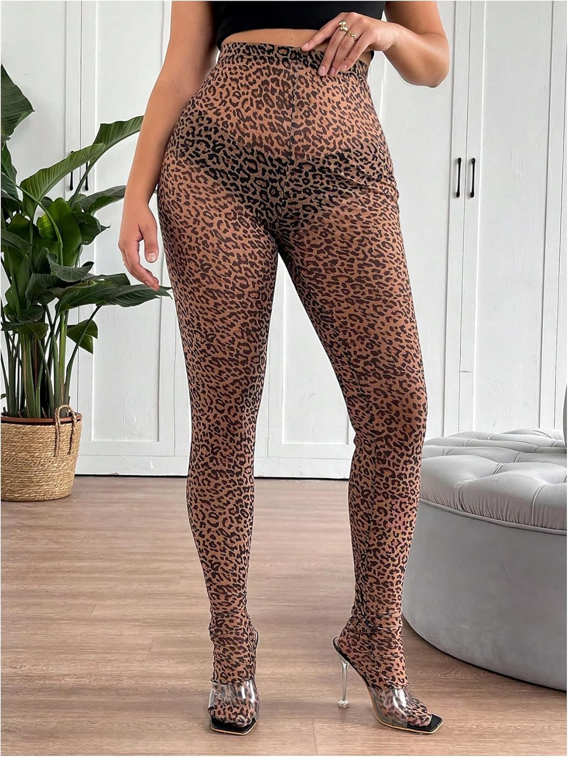 WDIRARA Women's Plus Size Mesh Leopard Print Leggings High Waisted Sheer Skinny Pants - Image 4
