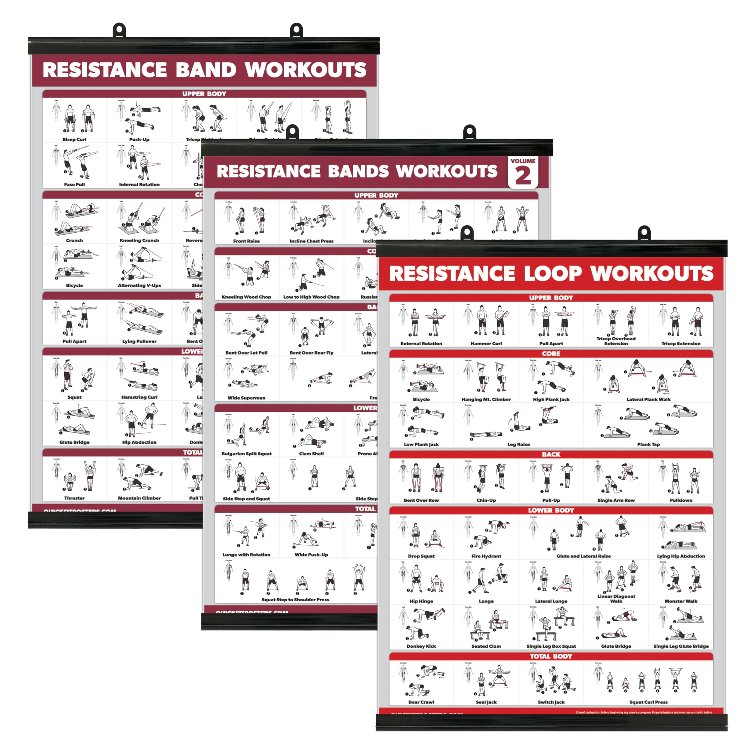 Palace Learning 3 Pack: Resistance Bands Workouts Volume 1 & 2 + Resistance Loops Exercises Poster Set - Set of 3 Workout Charts (with Plastic Frame, 18" x 24")