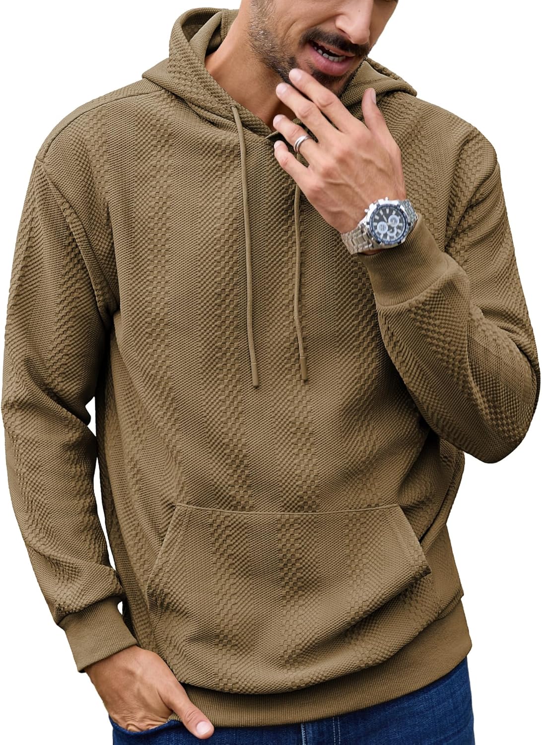 URRU Mens Hoodies Sweatshirts Texture Long Sleeve Drawstring Casual Pullover Hooded Shirt